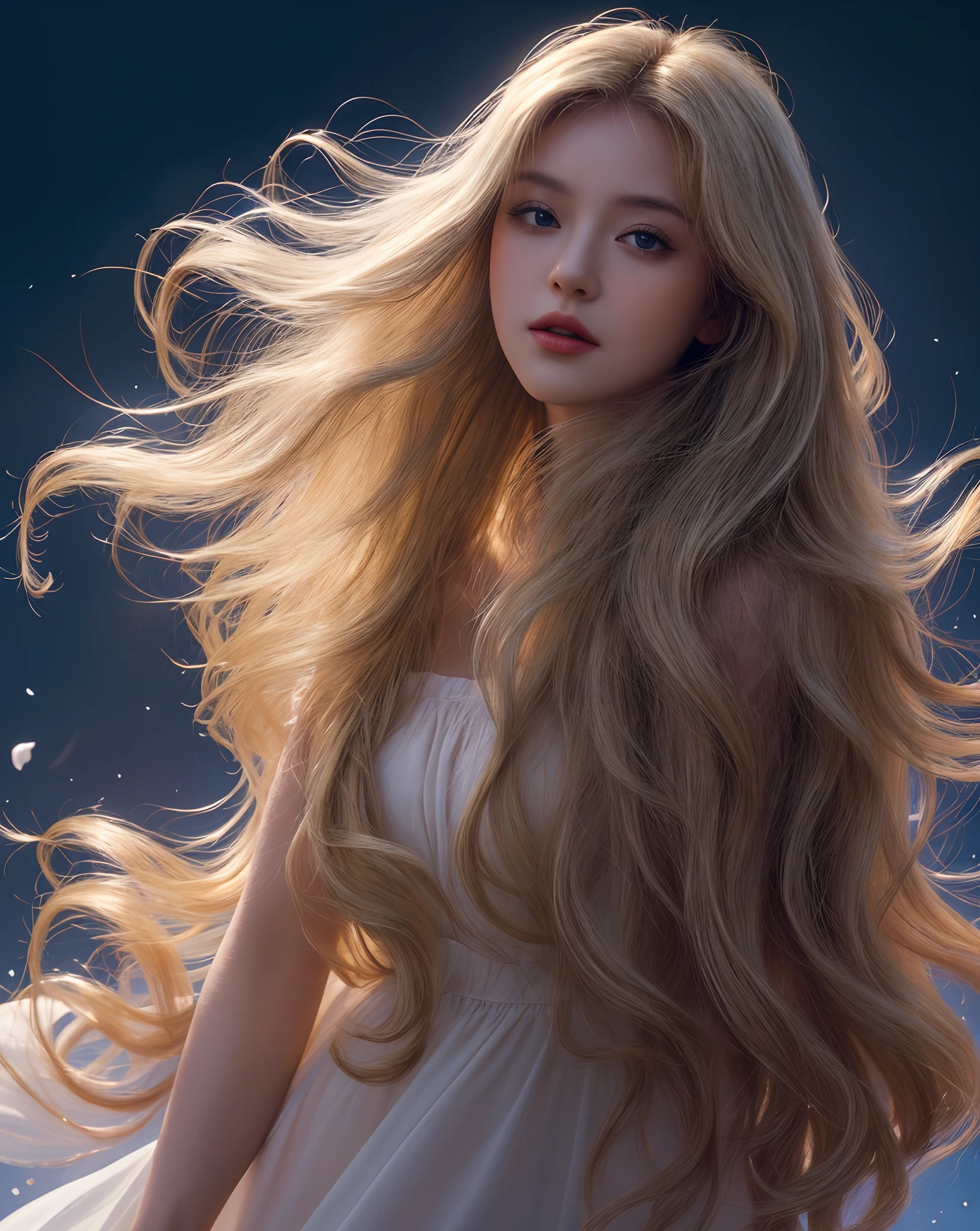 (best quality, masterpiece), young woman, pose, particle, wind, flower, upper body, simple background, looking at viewer, long curly windblown blonde hair, galaxy,backlit,rimlight,beautiful artwork,perfect composition