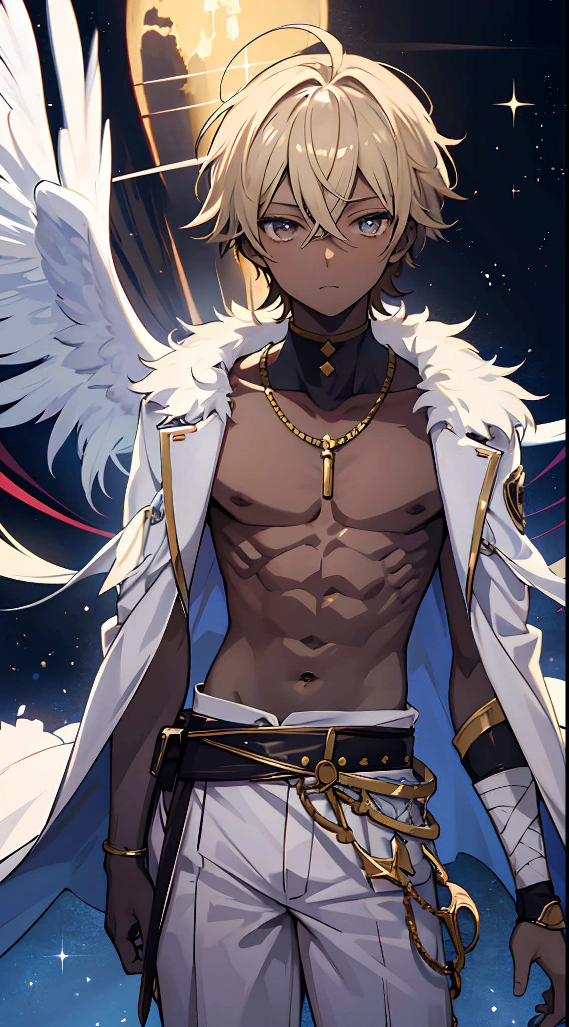 A black boy with tribal clothing and owl features like wings and a feather coat