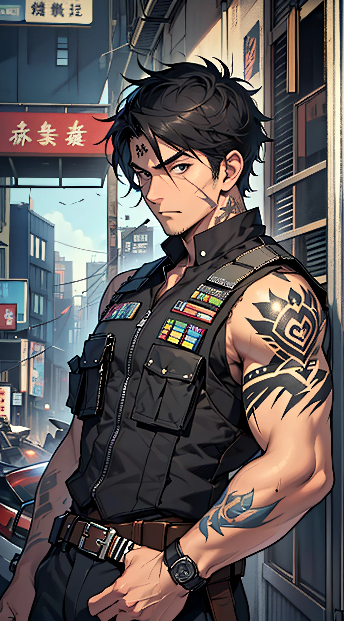top-quality、Top image quality、masterpiece、male people((25-years old、 well-muscled、Black short-sleeved T-shirt、Long black trousers、A dark-haired、Scars on the face、macho、Tattoo on the shoulder、、2From guns、bulletproof vest、Holding a Japan sword))hiquality、Beautiful Art、Background with((Tattered city、battle field))、masutepiece、Elaborate design、visualart