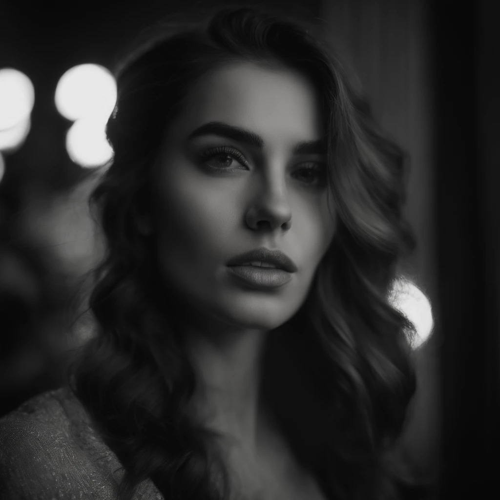 une femme il faut qu'elle regarde la camera, cheveux lisse et noir, long thick eyelashes, bouche avec overline, visage diamond, 18ans
