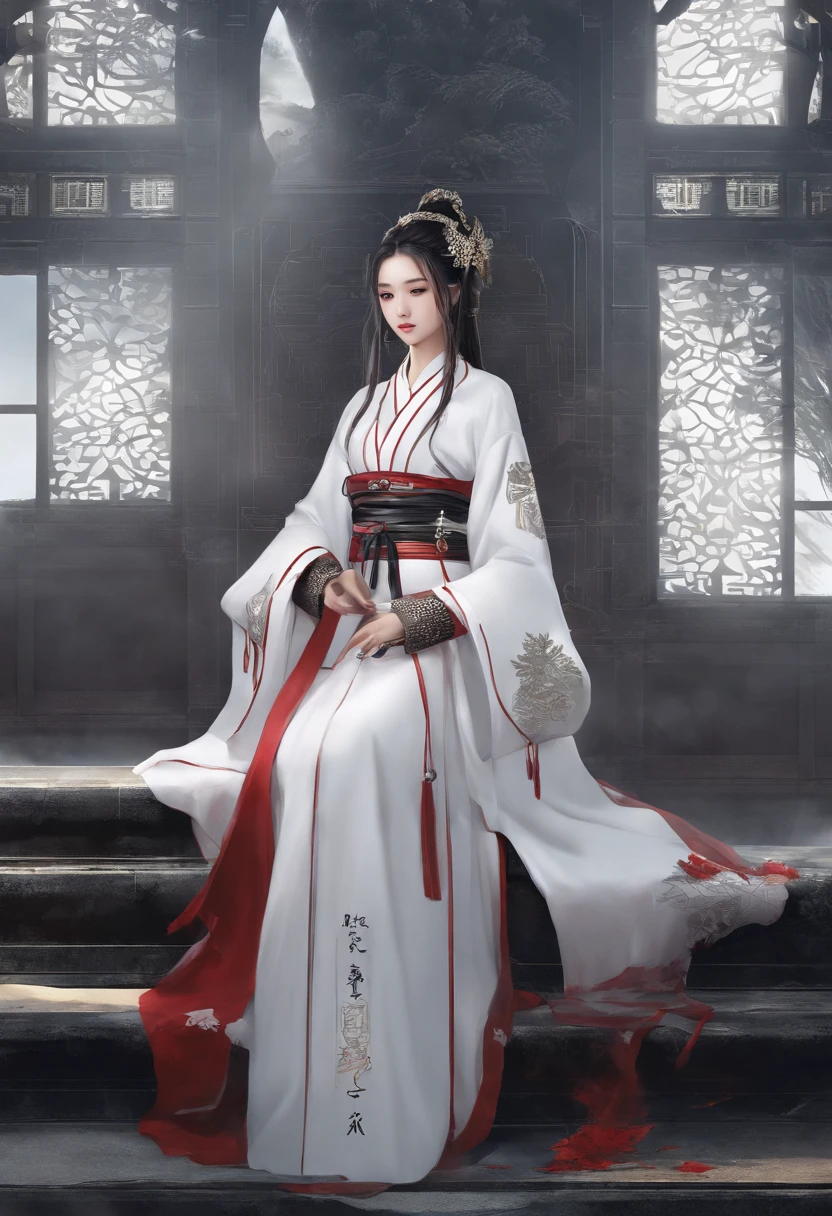 bestquality, Masute pieces, ultra-high resolution, (Realistic: 1.4), Xiuxian, Smiles, Shy, , Delicate makeup, Spectacular jewelry, long-haired, face detail,, 1 girl, White Clothes, Lotus Print, Maple leaf printing, bara, weapons, (Magic Circle: 1.2), Xiuxian, Full Gluten, beautiful girl, full body image, East Asian Architecture, under, build, sullen, hanfu.