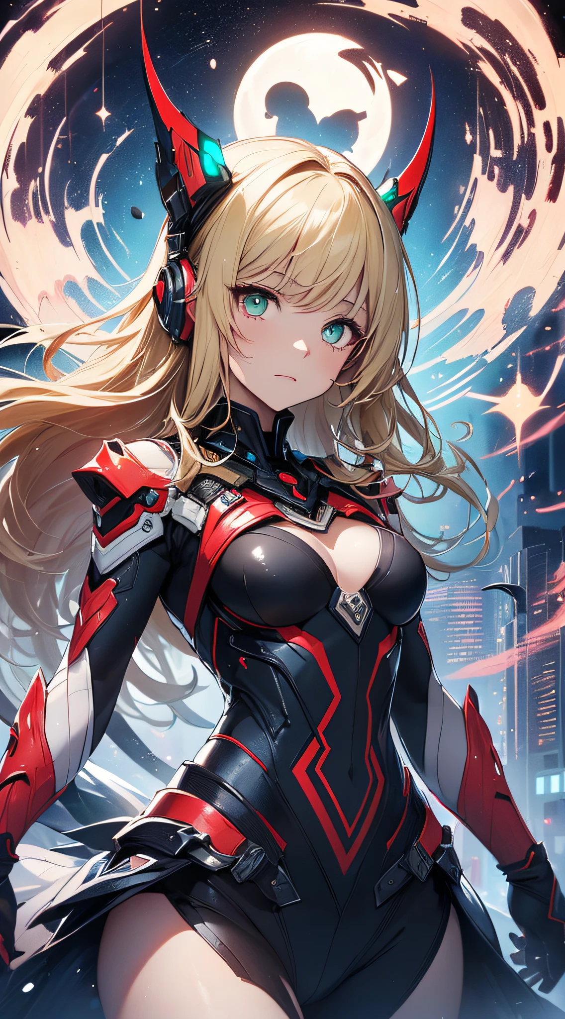 top-quality、Top image quality、masterpiece、Android Girl((sixteen years old、Red, Black, Red and white glowing cybersuit、Blue energy source for the chest,Best Bust、Bust 90、Blonde Away Tail、Blue-green eyes、open chest wide、Valley、Happiness、A slender、Mysterious face、Drifting in the air,Particles of light、Sharp claw arm,battered body、mid air、Glowing eyes、Hold out your hands))hiquality、Beautiful Art、Background with((mistic、Fantastic Universe))、masutepiece、Elaborate design、visualart、Theatrical films