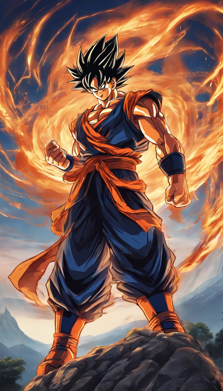Generate a Full HD wallpaper of Goku in an epic pose with a stunning background. Make sure Goku is at his most powerful and dynamic, con colores vibrantes y detalles impresionantes. The image must be suitable as wallpaper for a high-resolution screen. Por favor, uses high-quality imaging AI to create this masterpiece