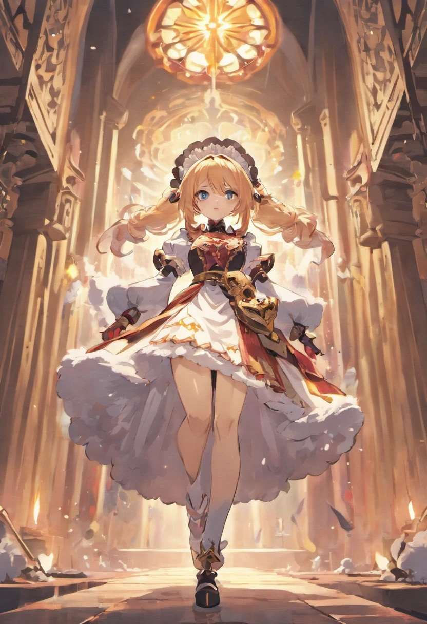 A anime maid with a fluffy dress but has heavy plate armor gauntlets and boots and holds a giant greatsword