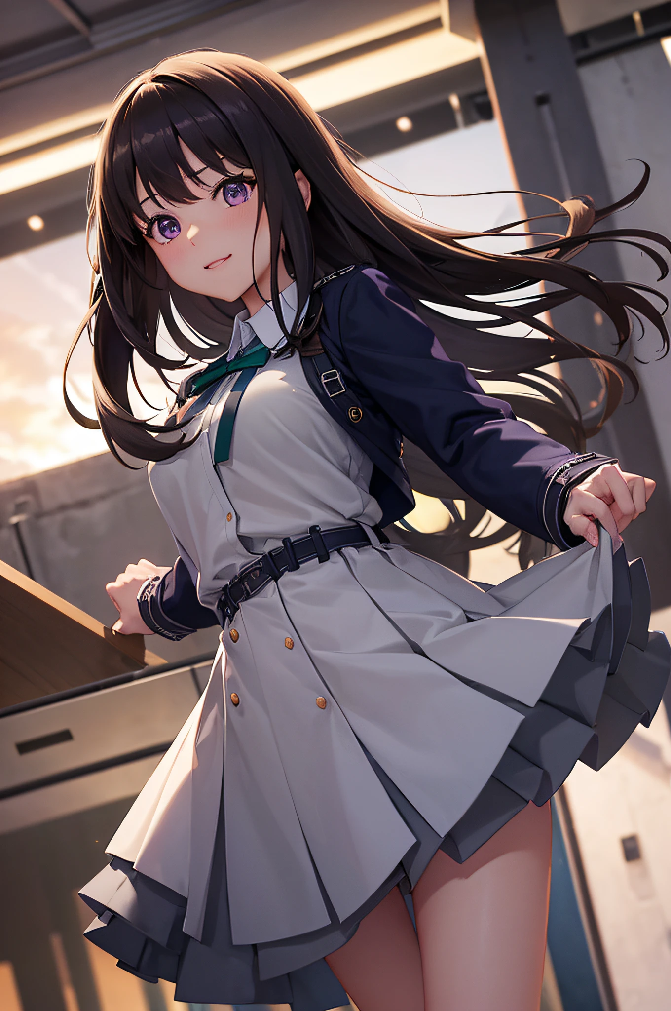 Takiinoue, Inoue Takina, Long hair, Bangs, Black hair, (Purple eyes:1.2), BREAK  shirt, Long sleeves, Dress, bow ribbon, School uniform, White shirt, Collared shirt, Belt bag, Neck ribbon, Blue Dress, Green Ribbon, pleated dress, grey dress, two-tone dress, Blue belt, Lycoris Uniform, BREAK outdoors, city, Outdoors,Best Quality,((Best Beautiful Girl)), High resolution, Unity 8k壁纸, (eradication))0.8), Perfect Lighting, extremely details CG, ( Perfectly structured wrist　Perfect Anatomy),Eyes open,(masutepiece:1.2), Best Quality,A smile,((NSFW:1.5)),Beautiful female genitalia,((Spread your crotch to show your female genitals:1.4))