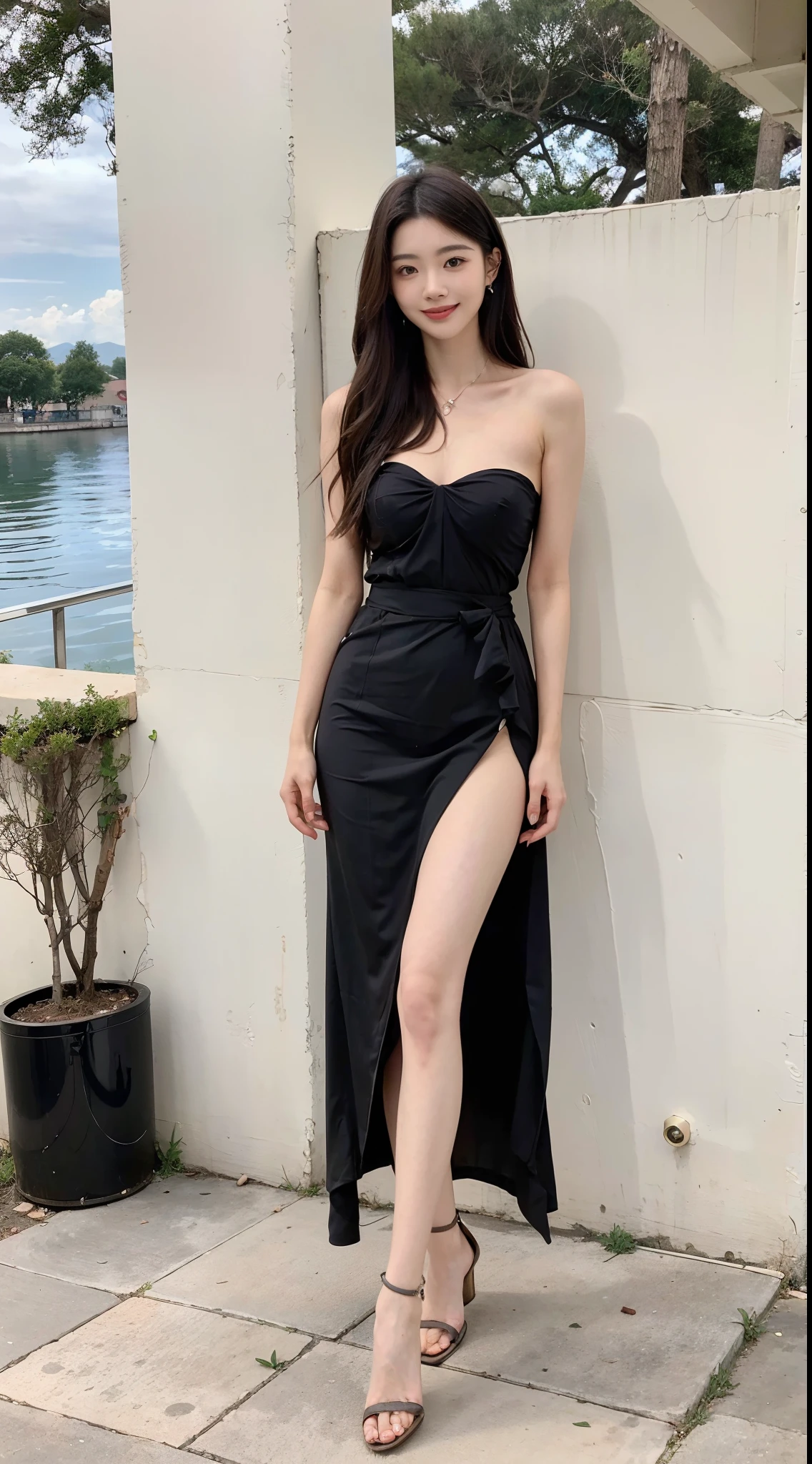 ，Masterpiece, Best quality，8K, 超高分辨率，full body shot shot，(beautidful eyes:1.1)，(Lakeside at night:1.3)，An extremely tall, slender, sexy gentle goddess stood under the tree。Tall guy，Exceptionally tall height，Extra-long hair flutters in the wind，huge tit，big breasts thin waist，fat hips，Extremely slender and sexy long legs，A pair of beautiful heels，The silver moonlight shone on her，Illuminate her quiet and idyllic smile。Her voice is soft and moving，Tell a profound story，Attract the creatures around you to stop and listen。