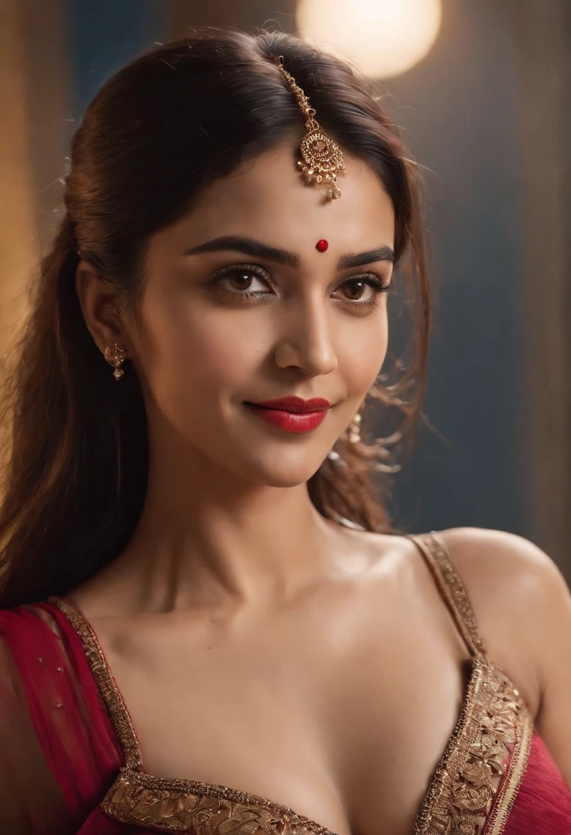 night scene, close up photo of indian from top view, hourglass figure, sexy navel, suspended in a hogtie bondage, tied with ropes and hanging to ceiling, off shoulder strapless cowl neck lace red saree and bra, deep cut neckline, perfect figure, swooping breasts, deep cleavage, ponytail hair, necklace, look at viewer and smile, (cinematic:1.3), intricate details, (ArtStation:1.2)