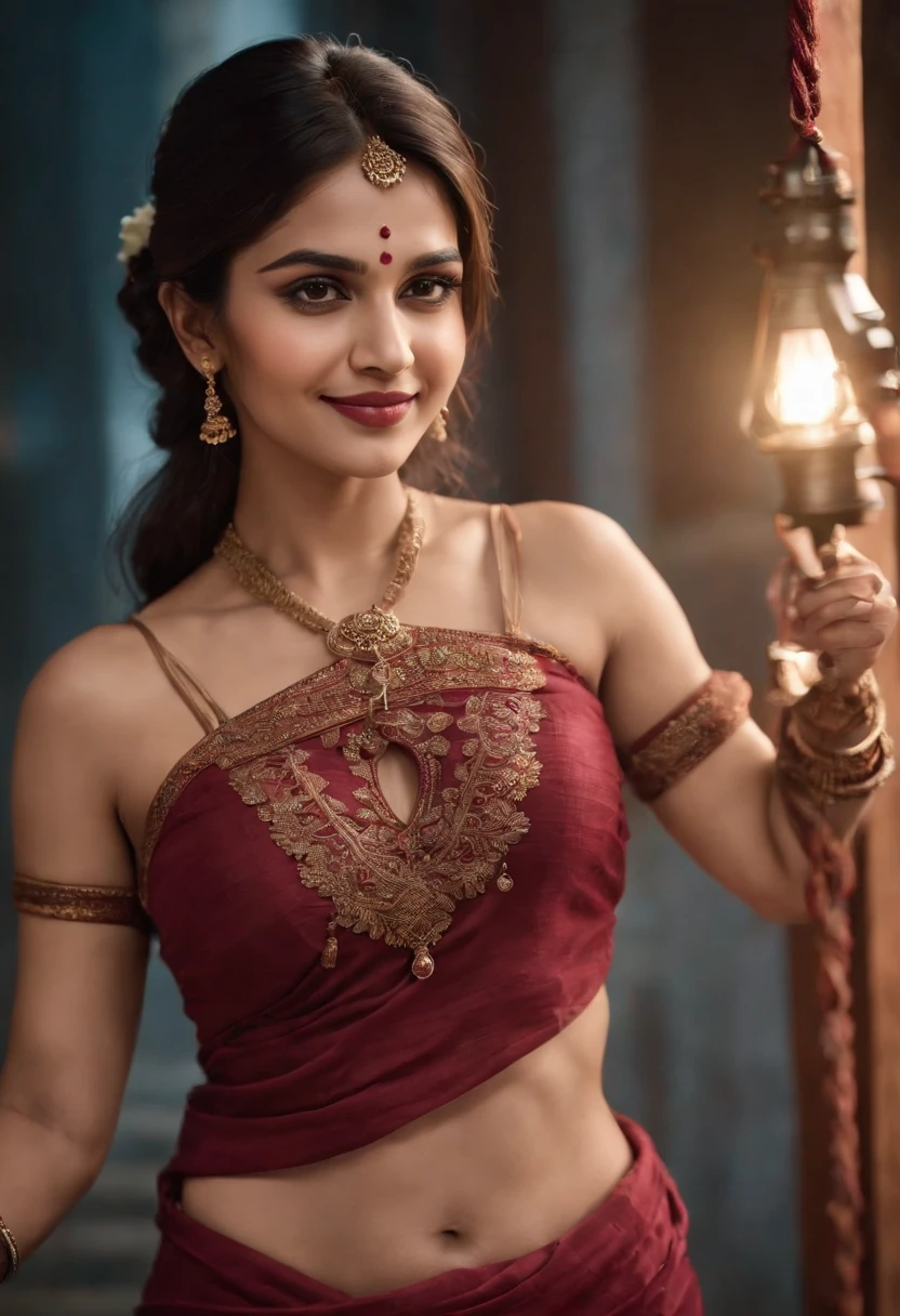 night scene, close up photo of indian from top view, hourglass figure, sexy navel, suspended in a hogtie bondage, tied with ropes and hanging to ceiling, off shoulder strapless cowl neck lace red saree and bra, deep cut neckline, perfect figure, swooping breasts, deep cleavage, ponytail hair, necklace, look at viewer and smile, (cinematic:1.3), intricate details, (ArtStation:1.2)