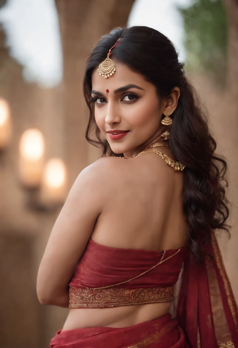 (best quality,4k,8k,highres,masterpiece:1.2),ultra-detailed,(realistic,photorealistic,photo-realistic:1.37),exquisite brown-eyed Indian girl with captivating smile,wearing a beautiful red and gold embroidered saree,tastefully decorated with intricate patterns,traditional ethnic jewelry,including a necklace, earrings, and a maang tikka,standing in a lush garden surrounded by vibrant flowers and tall palm trees,bathed in soft golden sunlight,creating a warm and peaceful atmosphere,the girl's long, lustrous black hair flowing down her back,softly touches of henna on her hands and feet,enhancing her natural beauty,her posture portrays grace, elegance, and confidence.