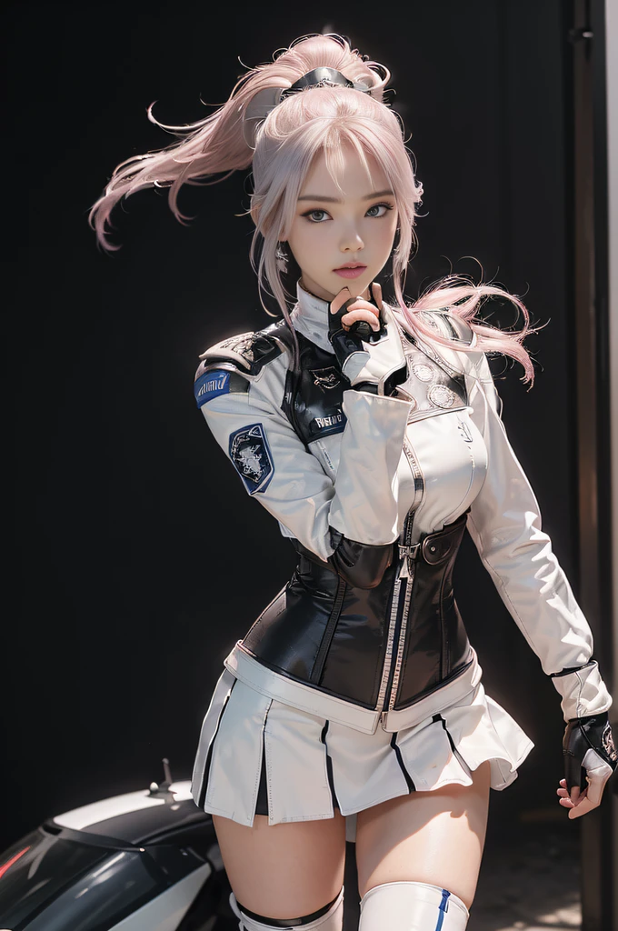 (Top Quality, Ultra High Definition, Photorealistic: 1.4), (cowboy shot:1), 1 Beautiful Girl, Detailed Face, (Hair Style gradation:Pink:0.6Silver:0.4, fullbang, shortbob-style:1), Combat pose, Contrapposto, Perfect Anatomy, Smooth Skin, Professional Lighting, (wear color white black silver),((wearing Futuristic Police Racing Suits, low-mini-skirt, police wappen, High-tech Headset, military gun-corset, racing gloves, holding handguns with both hands)), (Cloths colors based on pink silver white black), (background, backstrage),