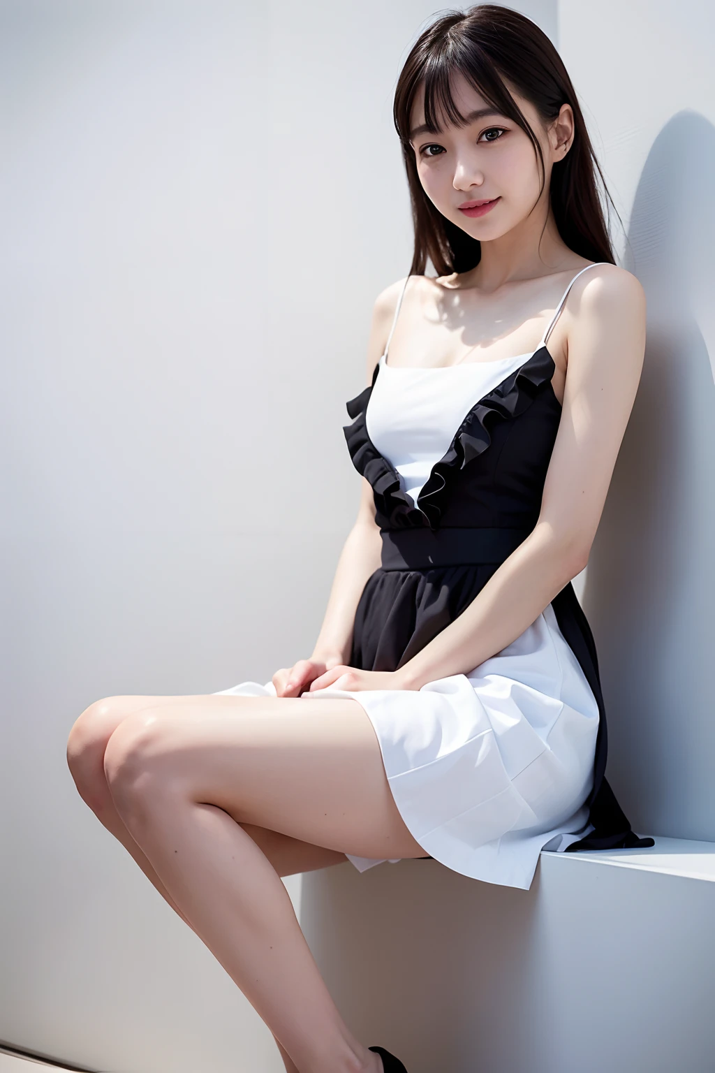 top-quality, ​masterpiece,  8K, Unripe, (photographrealistic:1.4) ,(White wall background) , A slender, stretch, 1 girl in, cute little, 28 year old, A smile, Large black eyes,  tiny chest, Detailed clothing, lilac, Ruffled dresses, Knee-length skirt, Beautiful legs