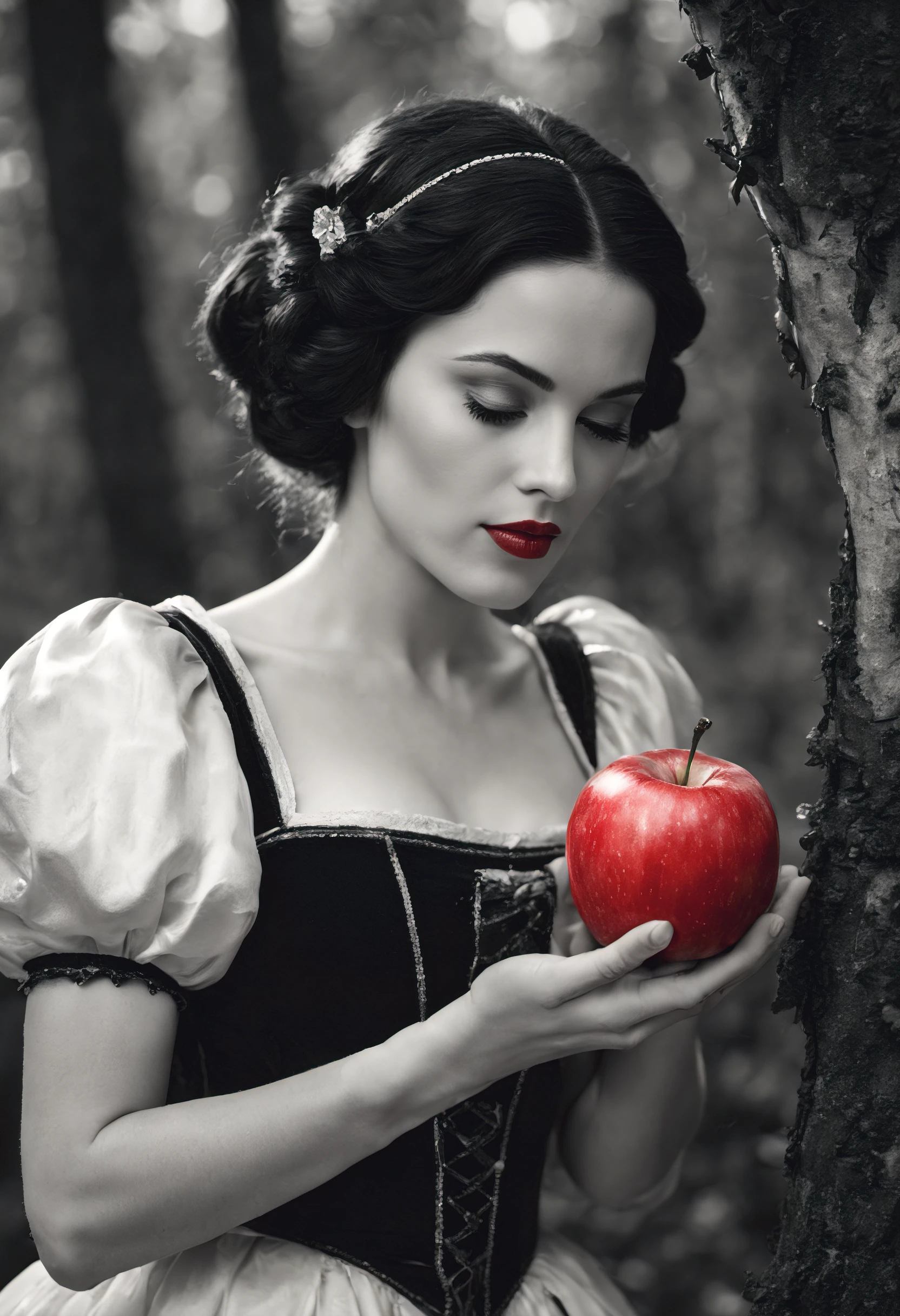 high quality cinematic (black and white) photo of snow-white holding a (bright-red) apple in an enchanted forest, close shot, detailed face, dramatic, high detail, high resolution, 8k, high saturation