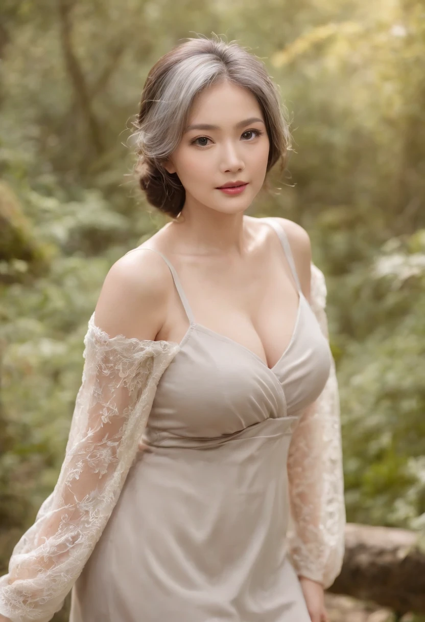 (((plump Japan and beautiful))) ,large boob,cleavage of the breast,light skinned, Women around 65 years old, Natural gray hair, Dark brown eyes are characteristic, Wear sheer underwear in a light dress, slender and graceful,,, Beautiful, In the forest with a natural atmosphere, Ultra Sharp Focus, realistic shot, Bewitching women's clothing, Tetradic color (Scar:1.4)