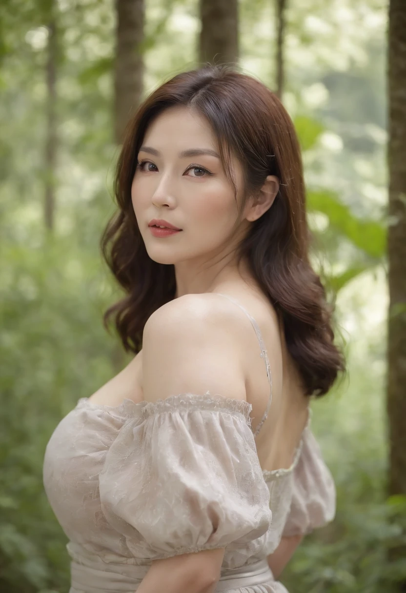 (((plump Japan and beautiful))) ，large boob，cleavage of the breast，light skinned, Women around 65 years old, Natural gray hair, Dark brown eyes are characteristic, Wear sheer underwear in a light dress, slender and graceful,,, Beautiful, In the forest with a natural atmosphere, Ultra Sharp Focus, realistic shot, Bewitching women's clothing, Tetradic color (Scar:1.4)