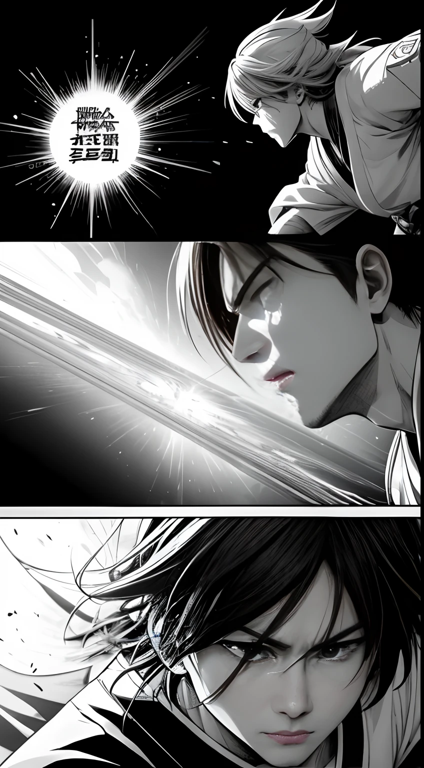 （illustration）comic page，There are multiple panels on the page：Black and white gray Japanese manga page, Jump Magazine,Hot-blooded martial arts comics, CG,Game animation characters，author：Kei Okamoto。,Highly detailed dynamics reveal the film's clear lines, Stunning,Vivid lighting and vivid shadows，Smoke transformation，Arc of light，Explosive particles，Strong visual impact. Dynamic，lightand shade contrast，Irregular pictures，breathtaking moment ，Soft light - niji 5 --q 2 ---16K（Speech bubbles with text on the picture，Comic sound effect stickers）