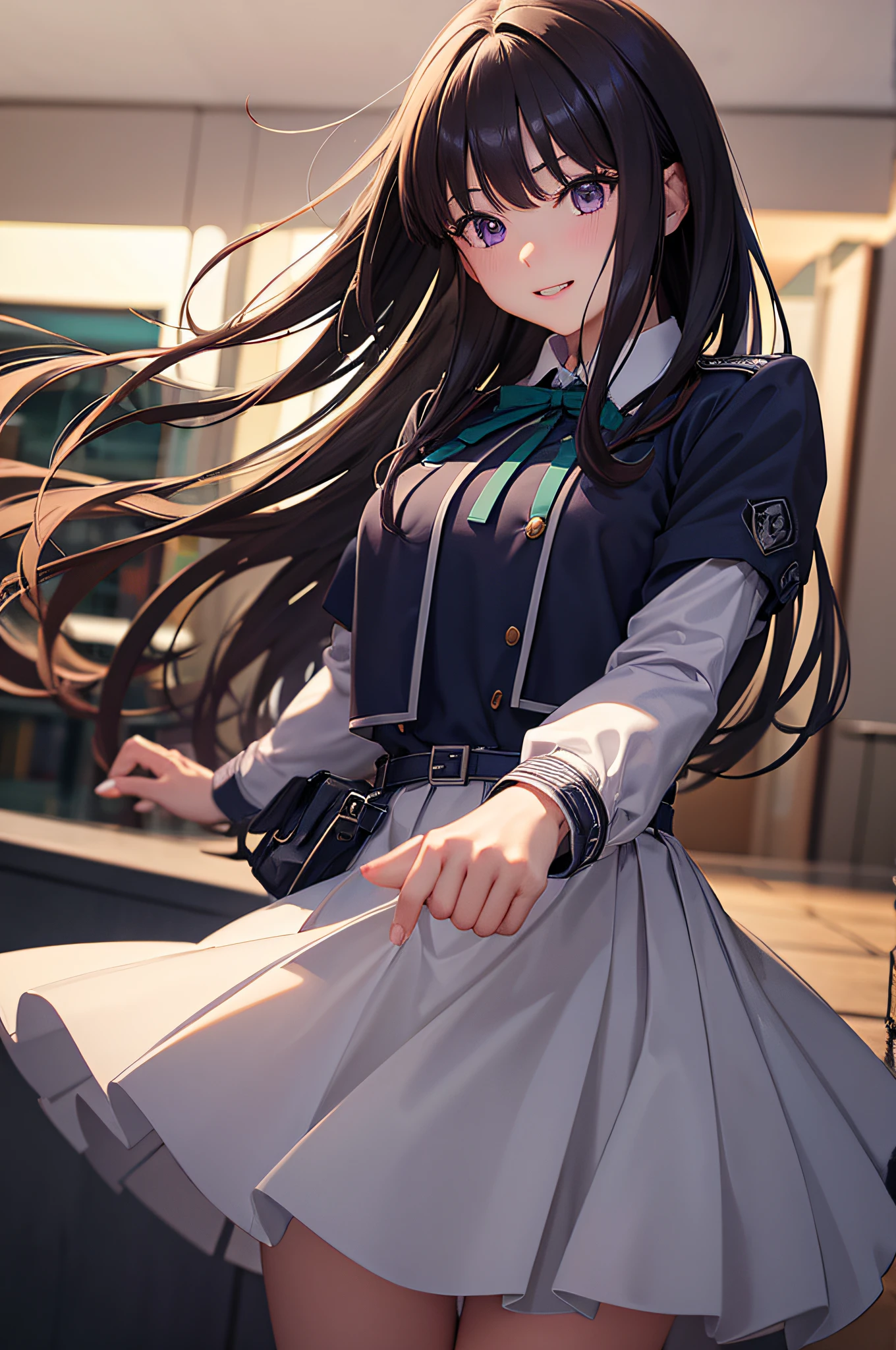 Takiinoue, Inoue Takina, Long hair, Bangs, Black hair, (Purple eyes:1.2), BREAK shirt, Long sleeves, Dress, bow ribbon, School uniform, White shirt, Collared shirt, Belt bag, Neck ribbon, Blue Dress, Green Ribbon, pleated dress, grey dress, two-tone dress, Blue belt, Lycoris Uniform, BREAK outdoors, city, Outdoors,Best Quality,((Best Beautiful Girl)), High resolution, Unity 8k壁纸, (eradication))0.8), Perfect Lighting, extremely details CG, ( Perfectly structured wrist Perfect Anatomy),Eyes open,(masutepiece:1.2), Best Quality,A smile,((NSFW:1.5)),Beautiful female genitalia,