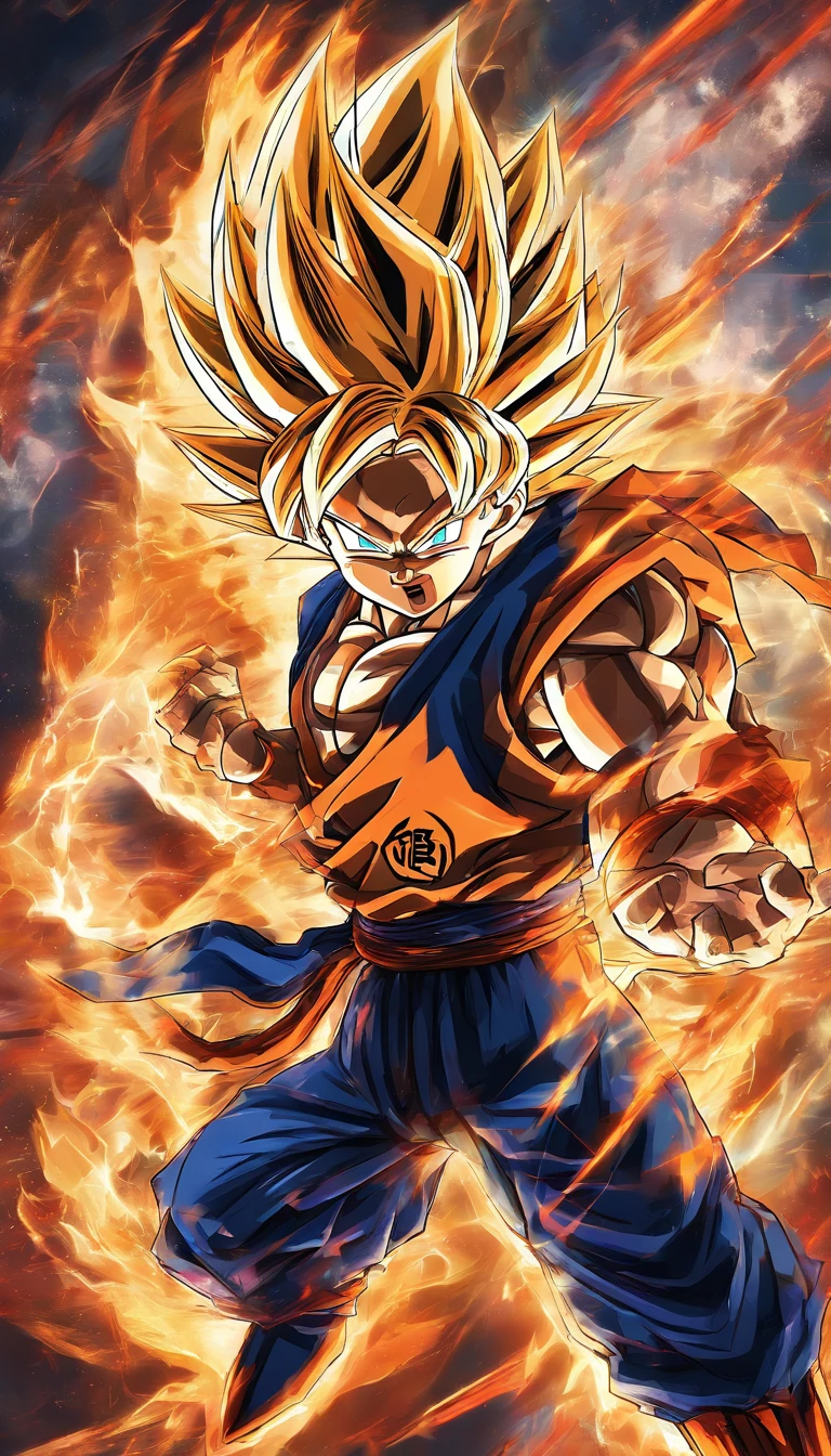 Generate a Full HD wallpaper of Goku in an epic pose with a stunning background. Make sure Goku is at his most powerful and dynamic, con colores vibrantes y detalles impresionantes. The image must be suitable as wallpaper for a high-resolution screen. Por favor, uses high-quality image AI to create this masterpiece