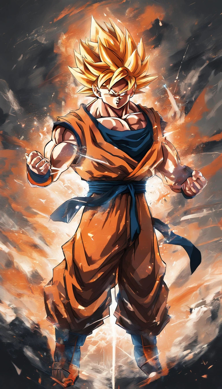 Generate a Full HD wallpaper of Goku in an epic pose with a stunning background. Make sure Goku is at his most powerful and dynamic, con colores vibrantes y detalles impresionantes. The image must be suitable as wallpaper for a high-resolution screen. Por favor, uses high-quality image AI to create this masterpiece