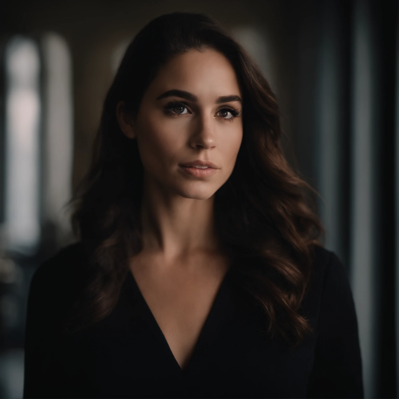 une femme comme Meghan fox, il faut qu'elle regarde la camera, cheveux lisse et noir, long thick eyelashes, bouche avec overline, visage diamond, 18ans