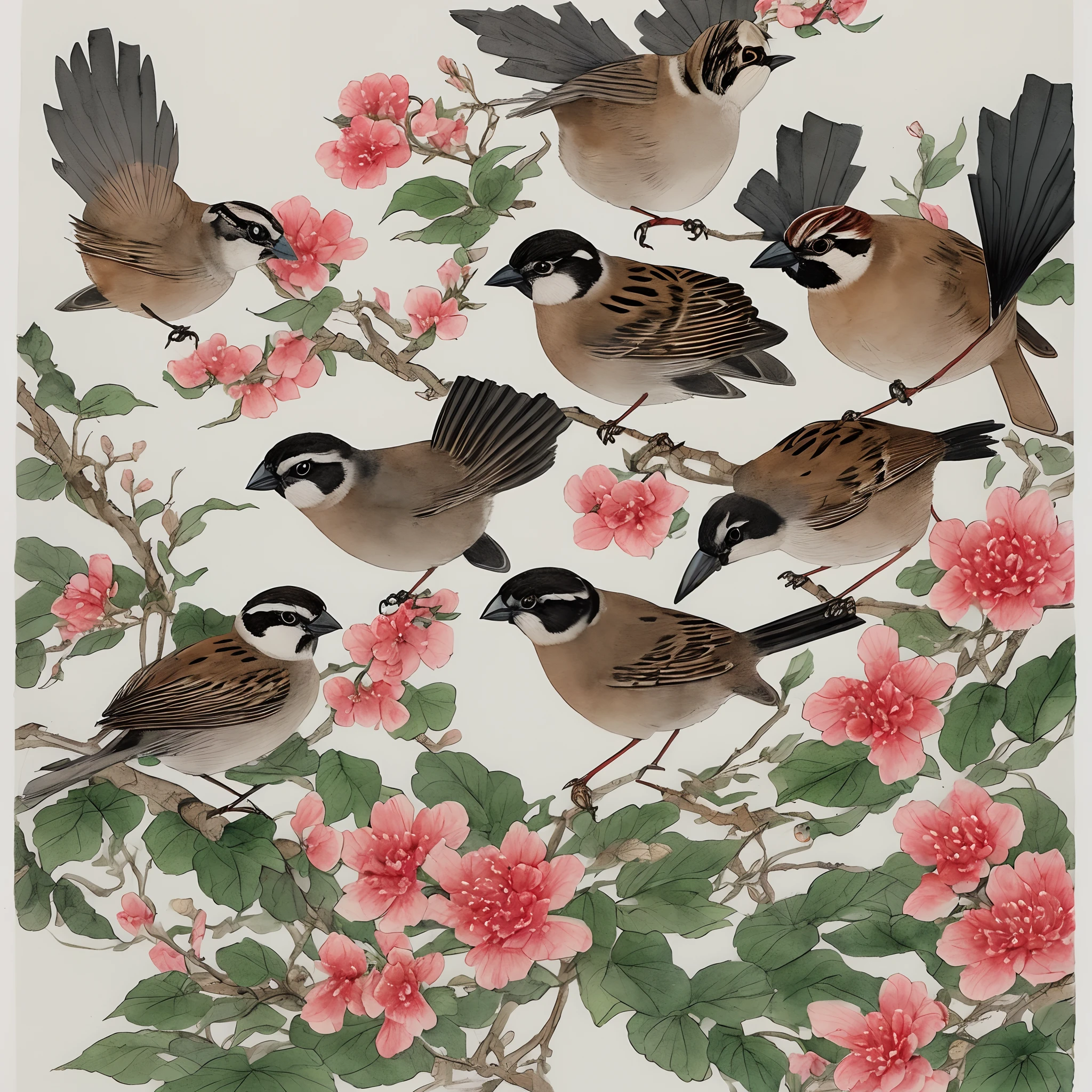 clubs,sparrow,birds and flowers,ink and watercolor painting,Traditional chinese painting