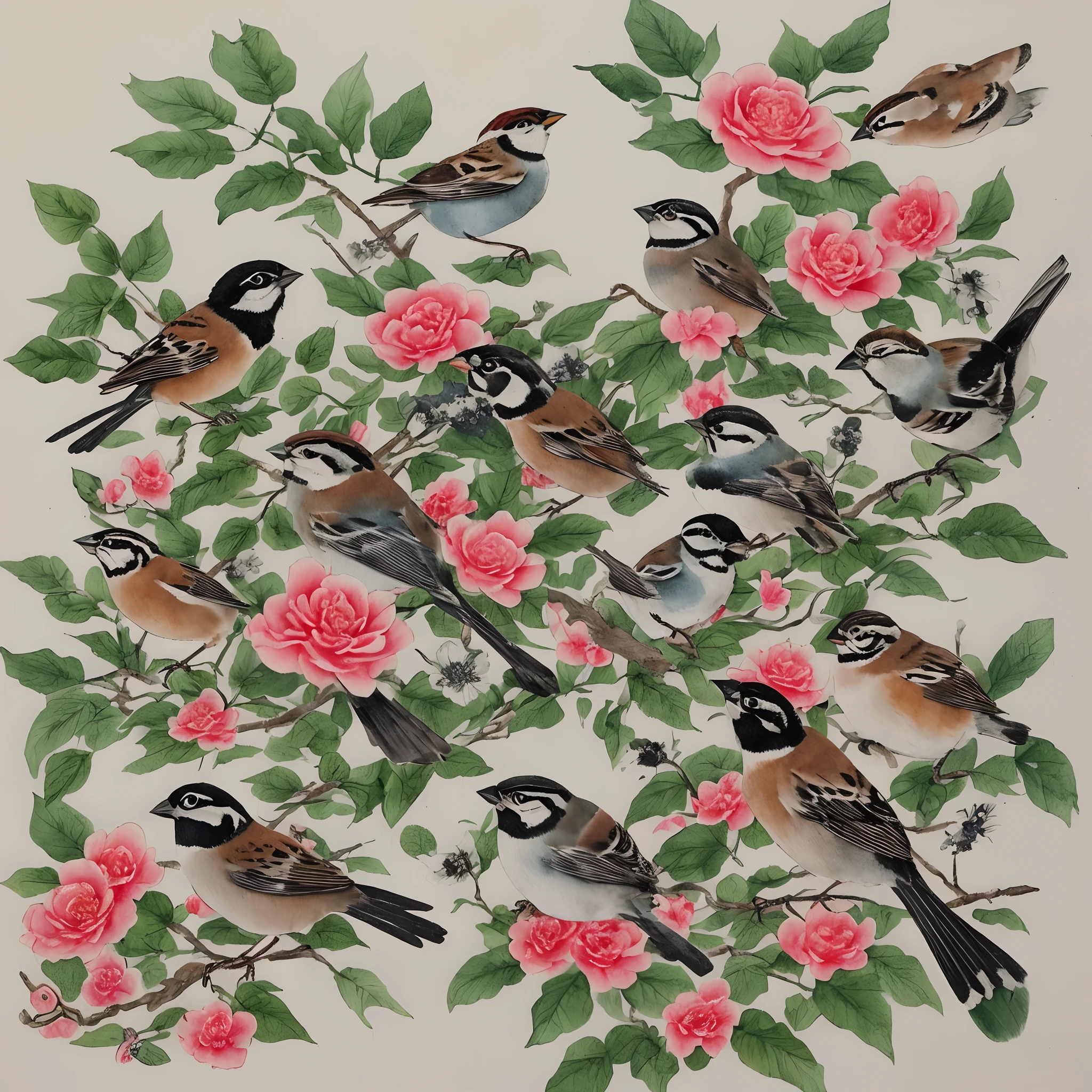 clubs，sparrow，birds and flowers，ink and watercolor painting，Traditional chinese painting