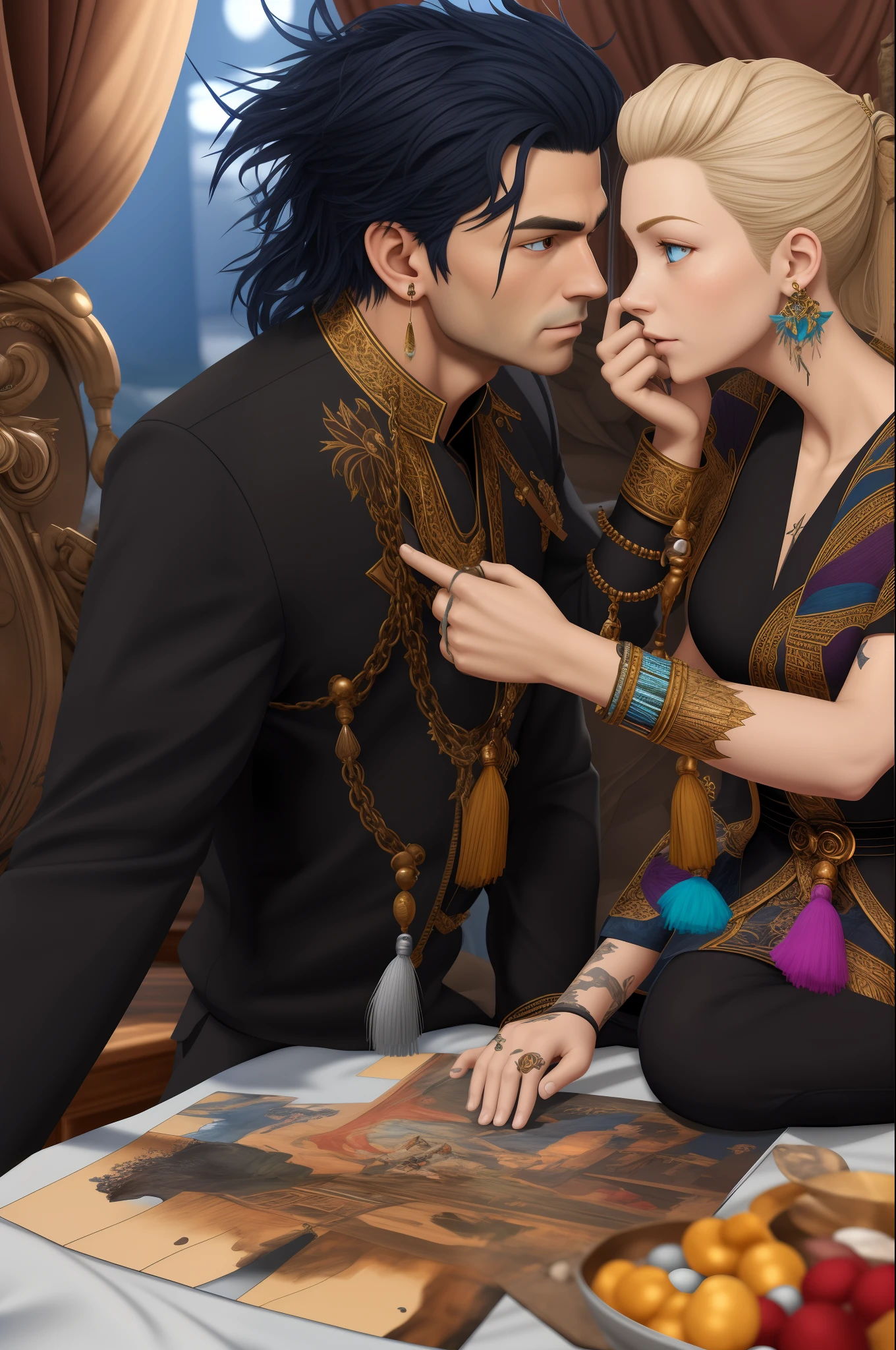 Concept Art, "1 Couple, Male Focus, Fin Ears, Multicolored hair, Handsome Boy, Long black Hair, Tassels, Bangs, Carp, Colorful, Bold Colors, black outfit attire, (Open), Traditional African Clothing, Close-up, Intimate Interaction in Bed, Stud Earrings, Rings, Sweat, Illuminate People", Colorful, Master Composition, Focus on Key Figures, Realism, Masterpiece, Best Quality, Masterpiece, Ultra, 8K, Extremely Detailed CG Unity 8k wallpaper, complex, highly realistic Disney style.