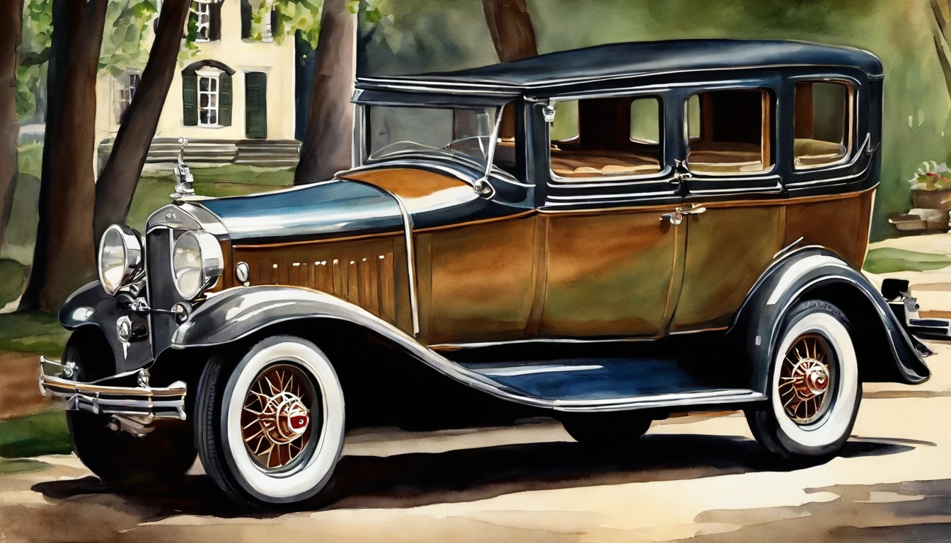 vintage car painted in watercolor, used for honeymoon brides and grooms, often used on wedding invitations