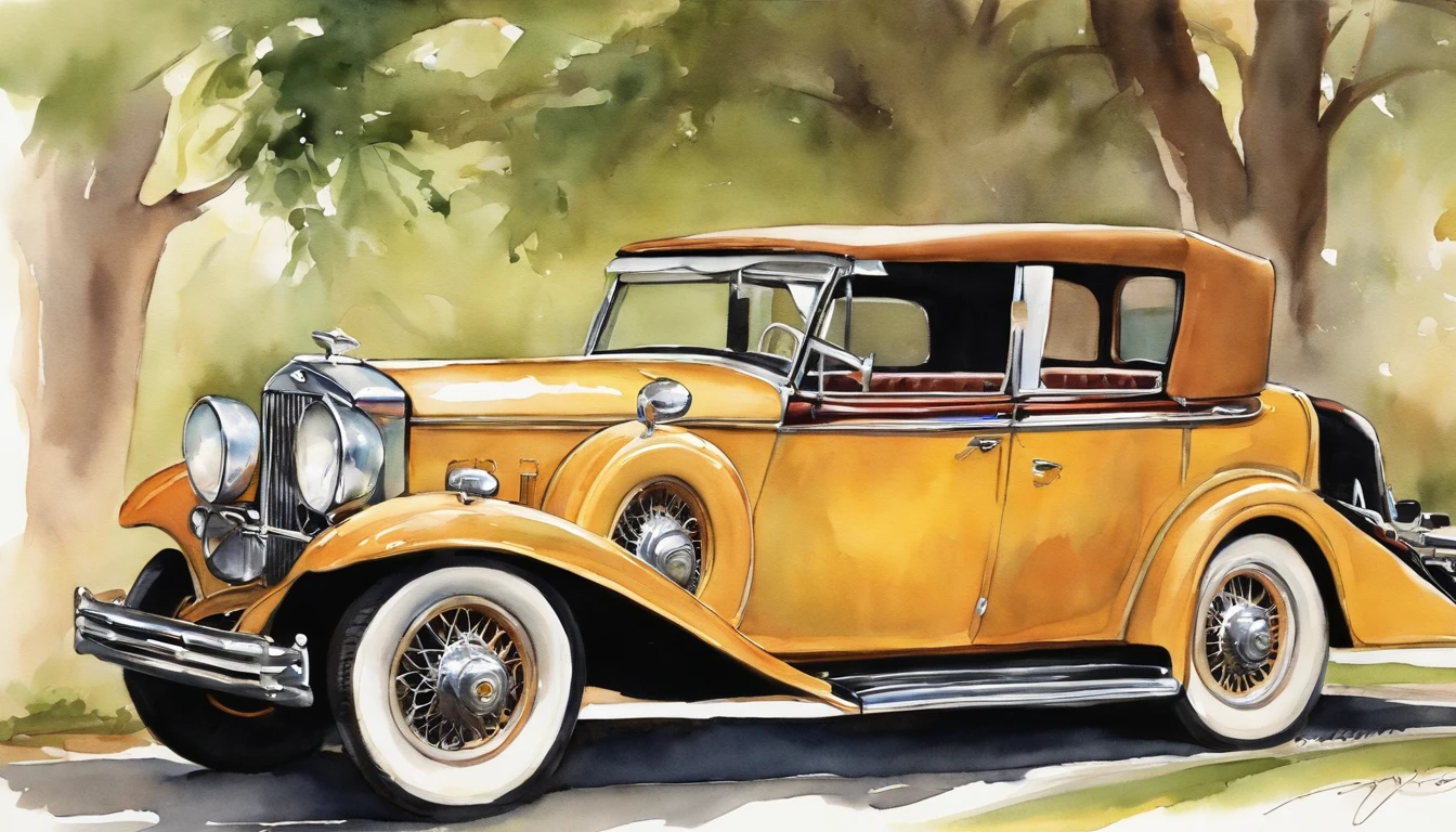 vintage car painted in watercolor, used for honeymoon brides and grooms, often used on wedding invitations