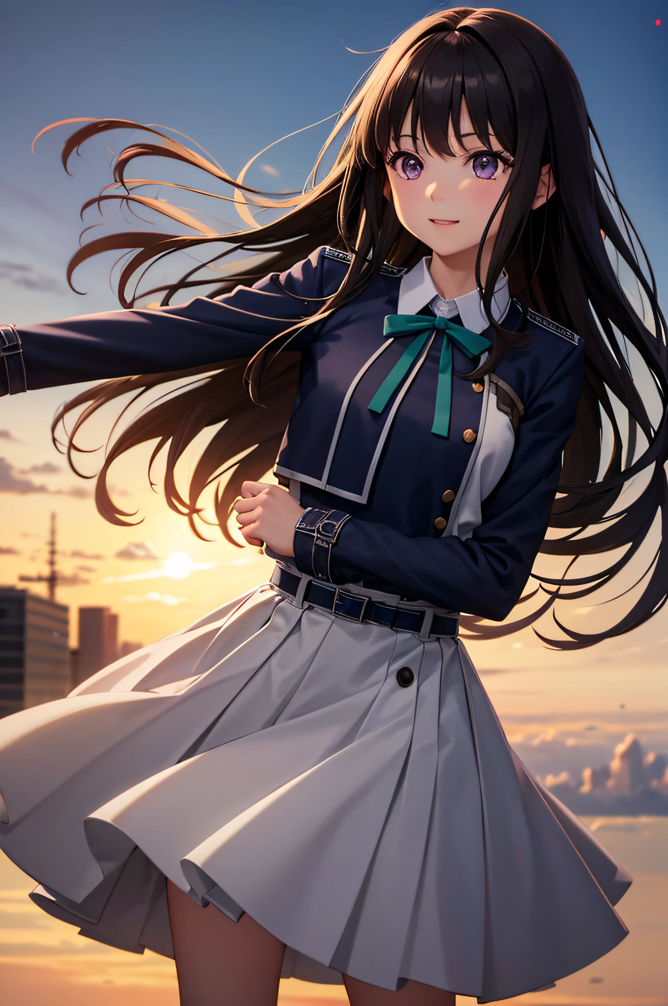 Takiinoue, Inoue Takina, Long hair, Bangs, Black hair, (Purple eyes:1.2), BREAK shirt, Long sleeves, Dress, bow ribbon, School uniform, White shirt, Collared shirt, Belt bag, Neck ribbon, Blue Dress, Green Ribbon, pleated dress, grey dress, two-tone dress, Blue belt, Lycoris Uniform, BREAK outdoors, city, Outdoors,Best Quality,((Best Beautiful Girl)), High resolution, Unity 8k壁纸, (eradication))0.8), Perfect Lighting, extremely details CG, ( Perfectly structured wrist Perfect Anatomy),Eyes open,(masutepiece:1.2), Best Quality,A smile,Dyna Dynamic Pose,