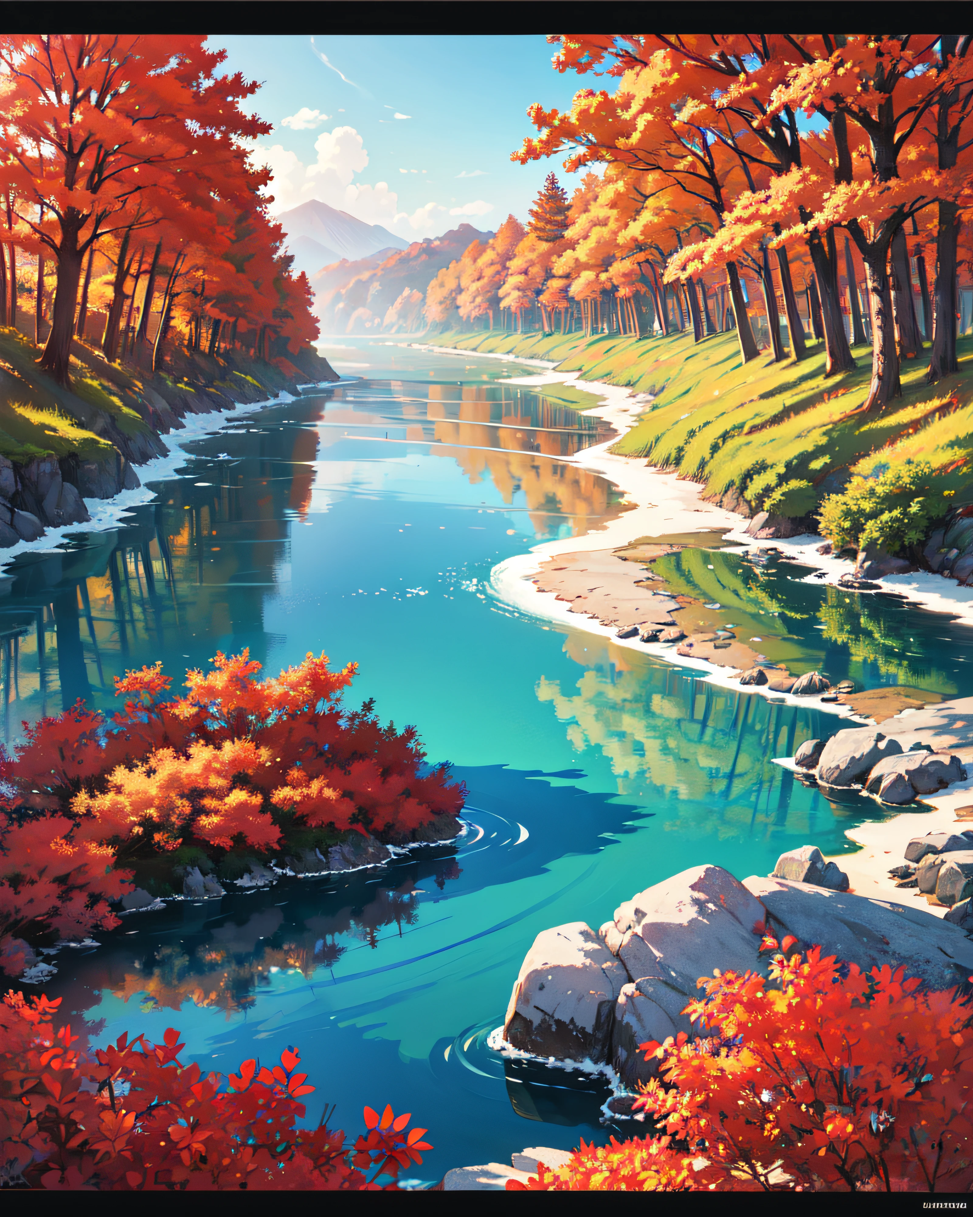 Nature in the morning, sunshine, nobody, graphic ultra HD, anime detailed, sky with clouds, no person, high quality, with red trees, beach with waves, ocean, houses, island, fallen leaves, spring, upscale, not bad view, perfect view, most, water vapor, waterfall, masterpiece, (hd quality 8k), anime version.