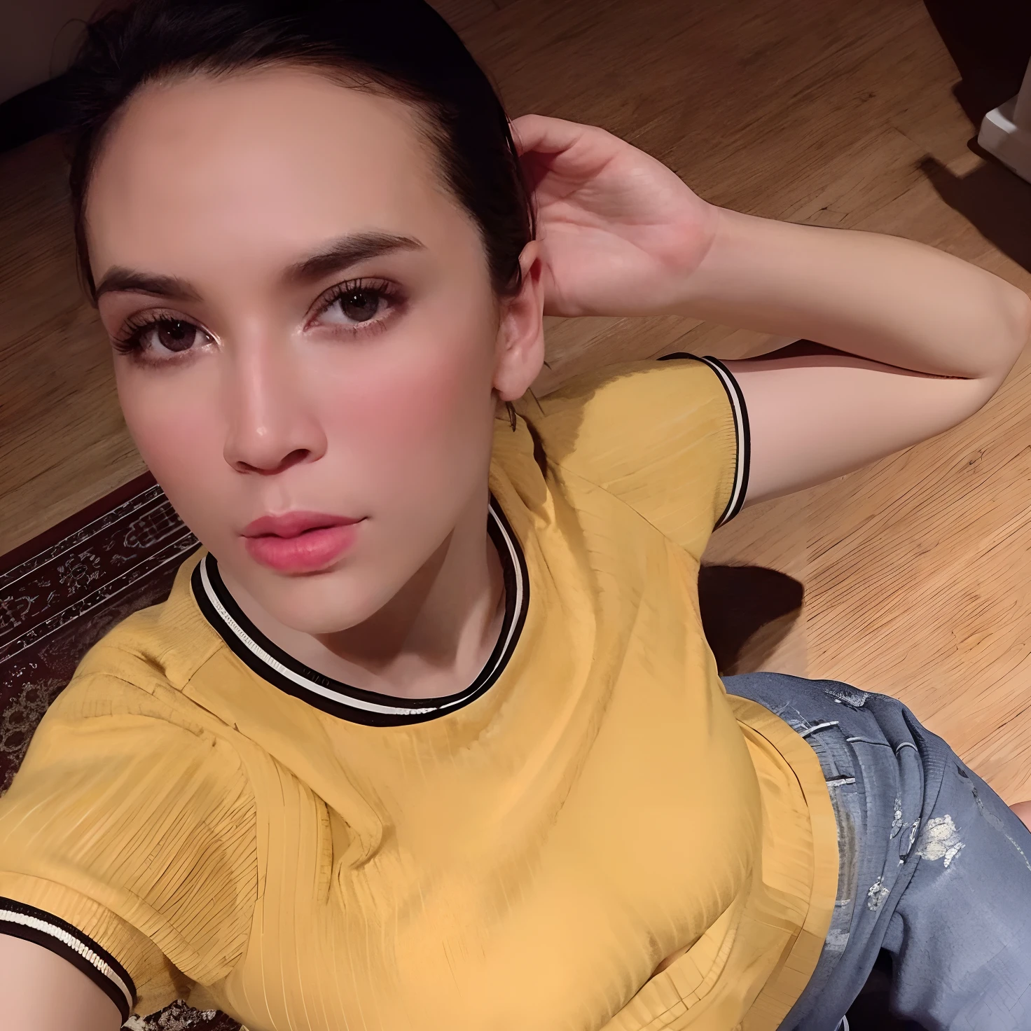 arafed woman sitting on the floor with her hand on her head, wearing yellow croptop, gal gadot china plate, photo of the beauty gal gadot, leaked photo, wearing a modern yellow tshirt, gal gadot, face like gal gadot, leaked image, fanart, with yellow cloths, selfie of a young woman, 2 8 years old,(Best quality, 8k, 32k, Masterpiece, UHD:1.2),Photo of Pretty Japanese woman, large breasts, very short bob hair,upper body,face focus,oversized_sweater, necklace, simple background, from above, looking at viewer,