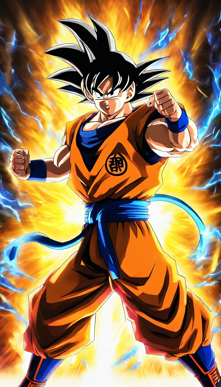 Generate a Full HD wallpaper of Goku in an epic pose with a stunning background. Make sure Goku is at his most powerful and dynamic, con colores vibrantes y detalles impresionantes. The image must be suitable as wallpaper for a high-resolution screen. Por favor, utiliza IA de imagen de alta calidad para crear esta obra maestra