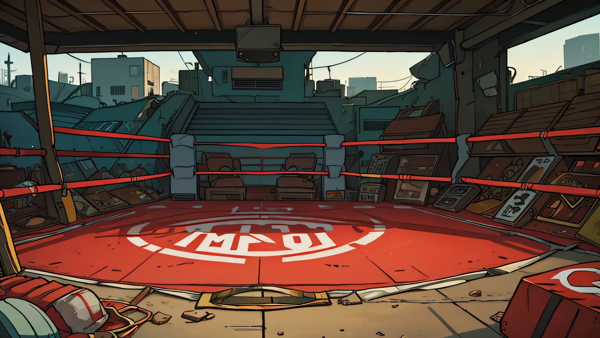 junkyard with a boxing ring in the middle