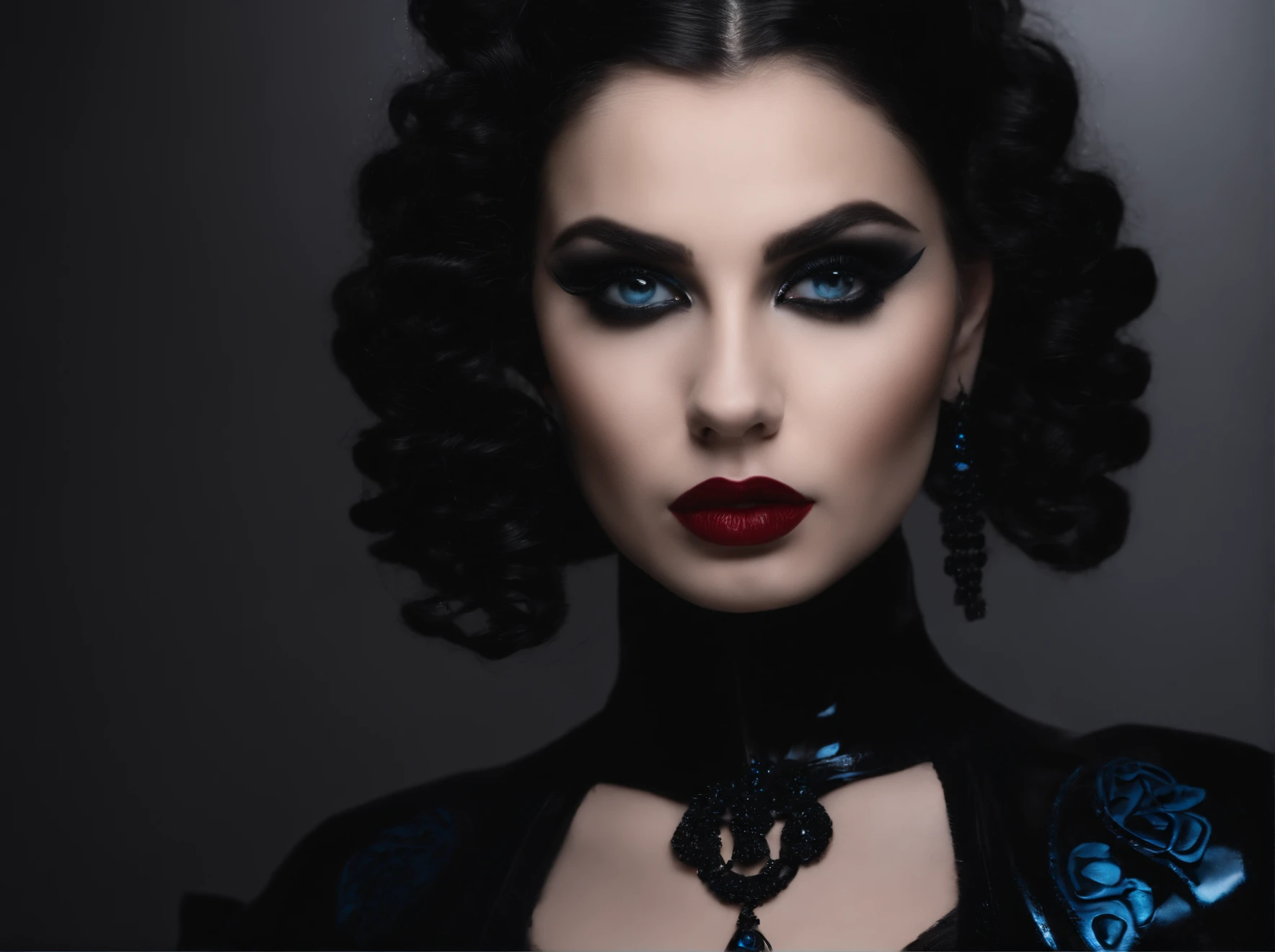 (medium shot) Young goth girl, cabelo preto, olho azul, roupa de latex preto, vivid colors, melhor qualidade, ultra-detalhado, studio lighting, belos olhos detalhados, dark red lips, detalhados bonitos, Rosto extremamente detalhado, long eyelashes, dark backdrop, atmosfera de sonho,
