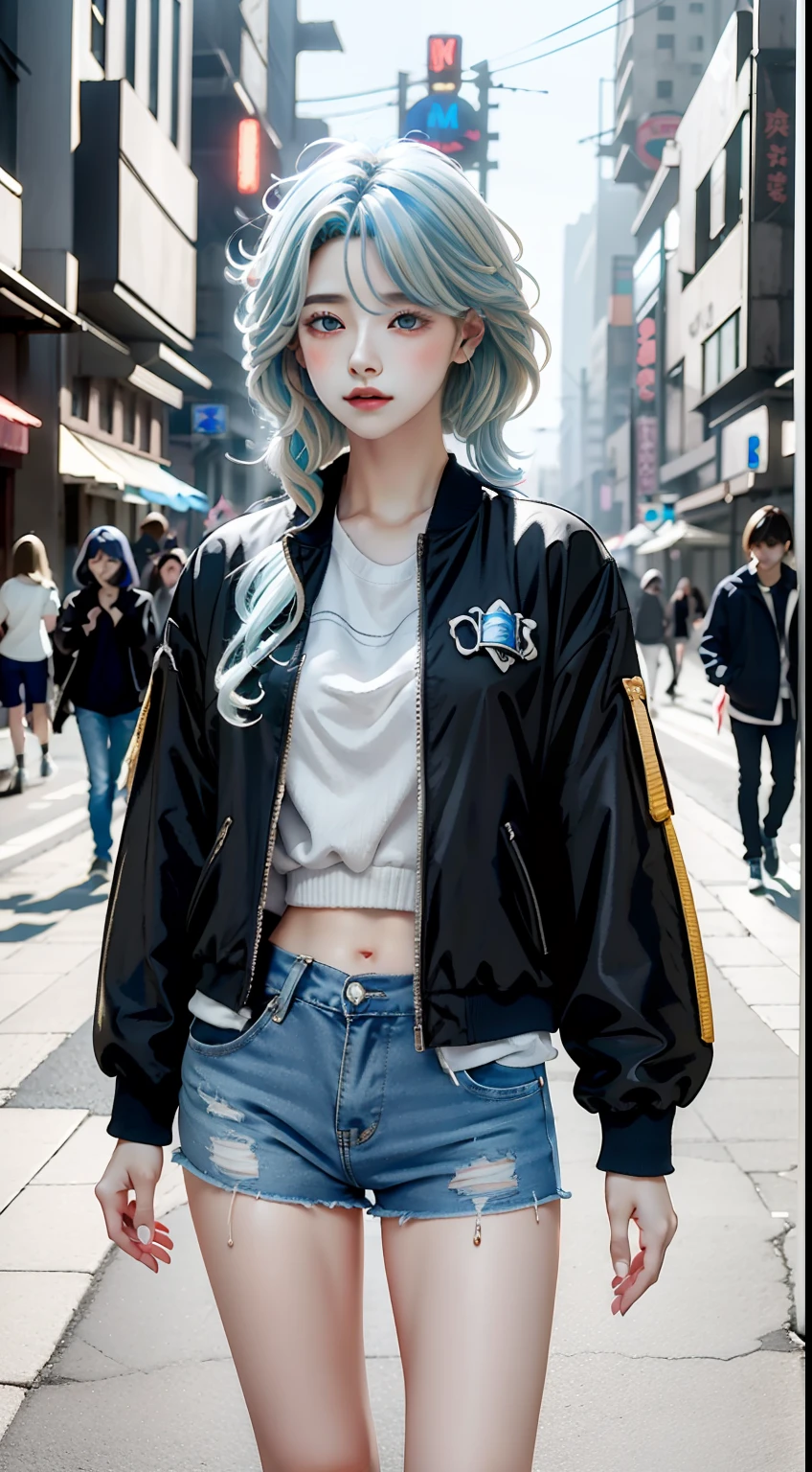 realistic girl with blue white hair and piercings standing in the street, style hyperreal, anime vibes, detailed realistic character art, cyberpunk realistic girl in black jacket, realistic style 4k, female cyberpunk girl, tattoo