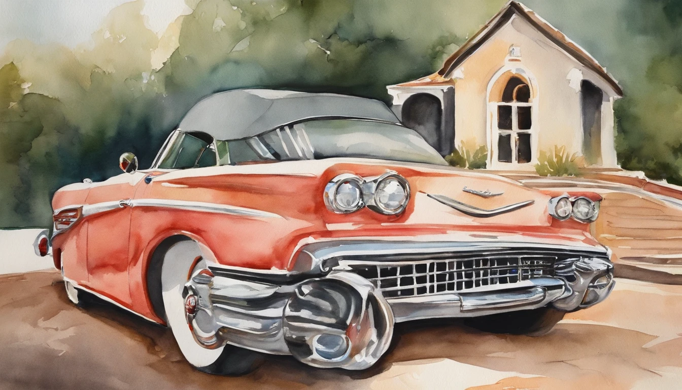 The back of a classic car is painted in watercolor, used for the bride and groom on their honeymoon, in a funny style, often used on wedding invitations