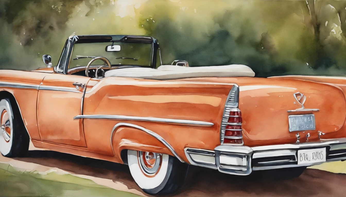 The back of a classic car is painted in watercolor, used for the bride and groom on their honeymoon, in a funny style, often used on wedding invitations