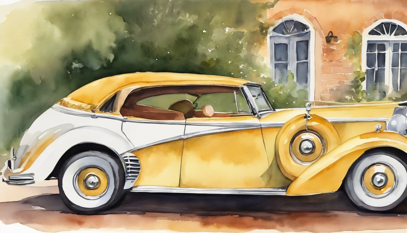 The back of a classic car is painted in watercolor, used for the bride and groom on their honeymoon, in a funny style, often used on wedding invitations