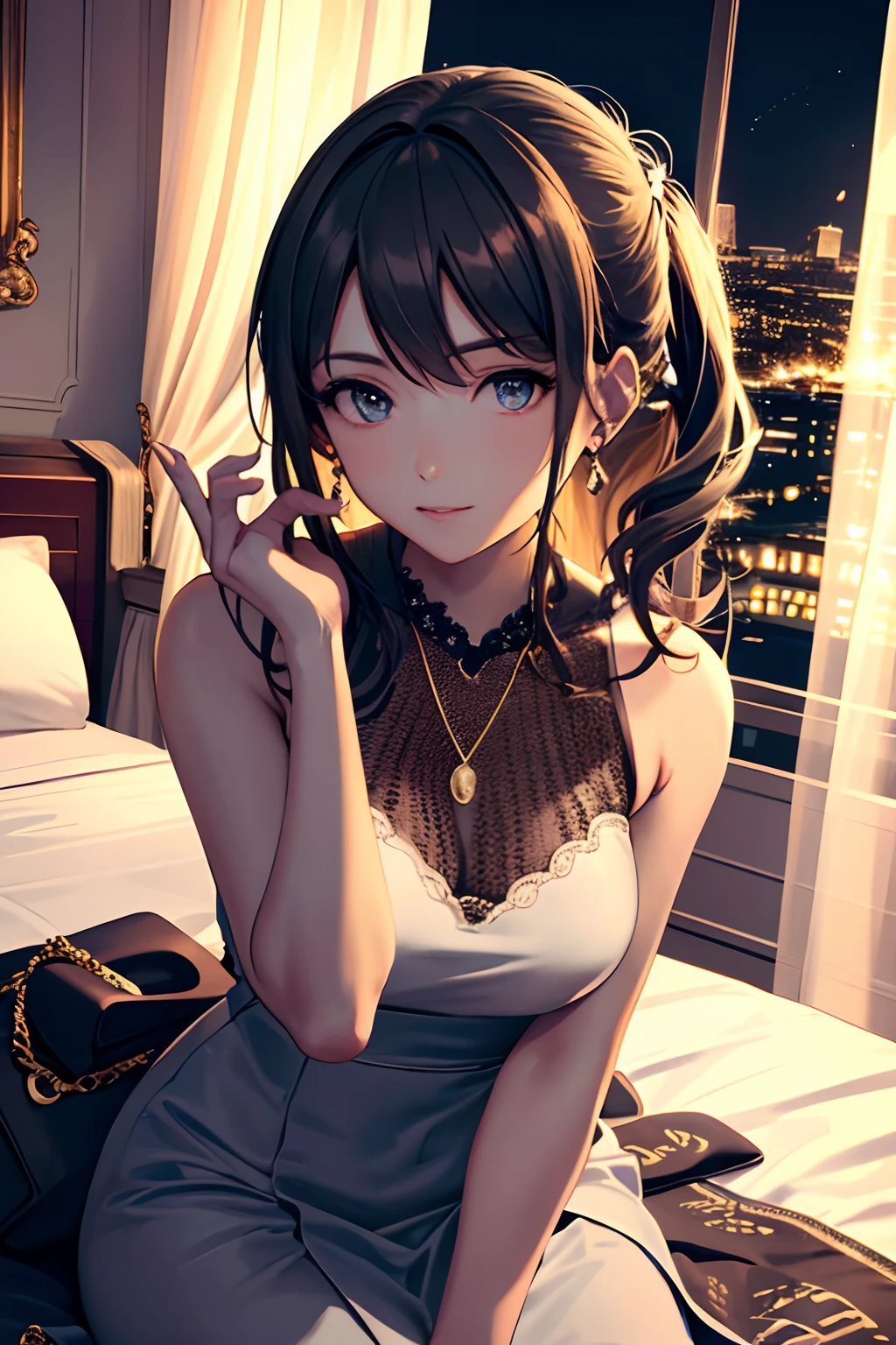 ((Masterpiece, Best Quality)), St. Louis \(Luxury Wheels) \(Azure Lane), High resolution, highest quality, illustration, cinematic light, super detailed, detailed face, (detailed eyes), best quality, ultra detailed, masterpiece, (detailed face), room, hair accessory, earrings, necklace, portrait, silver dress, revealing clothes, highest detail, glowing eyes, (hotel:1.2), sitting on bed, sitting, bed, window, night sky, backlight, light, (high contrast), (color), bare