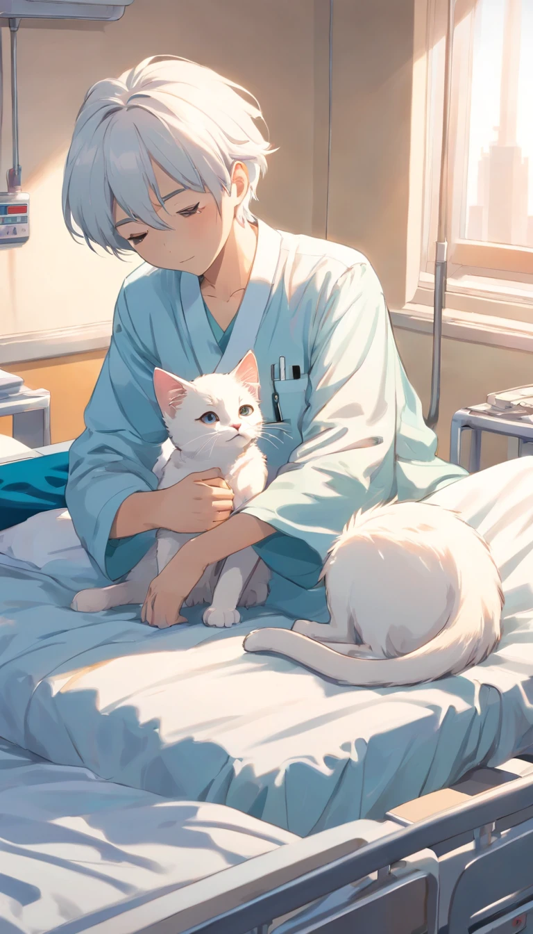 A white kitten looks at an old man lying on a hospital bed，Anime comic style