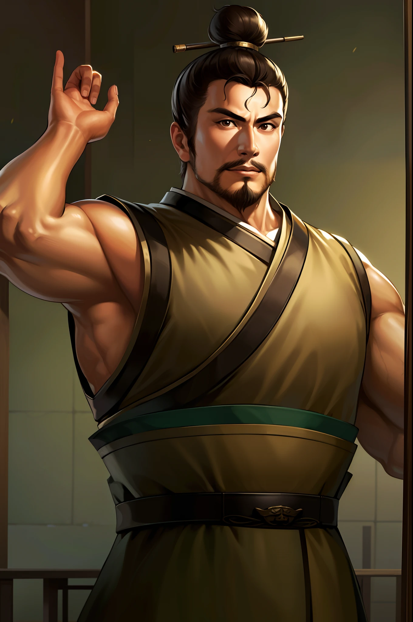 (4k, best quality, highres:1.1), (masterpiece:1.1), man, Chinese male, detailed eyes, looking at viewer, (Collin Chou:1.5),
male_focus, , 1boy, facial_hair, brown_eyes, katana, chinese_clothes, crew cut, muscular, wide shoulder, topknot, confident,