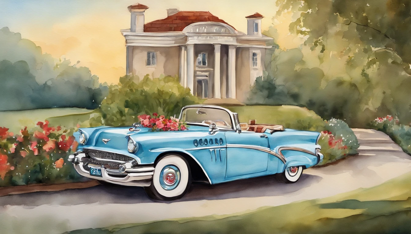 The back of a classic car is painted in watercolor, used for the bride and groom on their honeymoon, in a funny cartoon style, often used on wedding invitations
