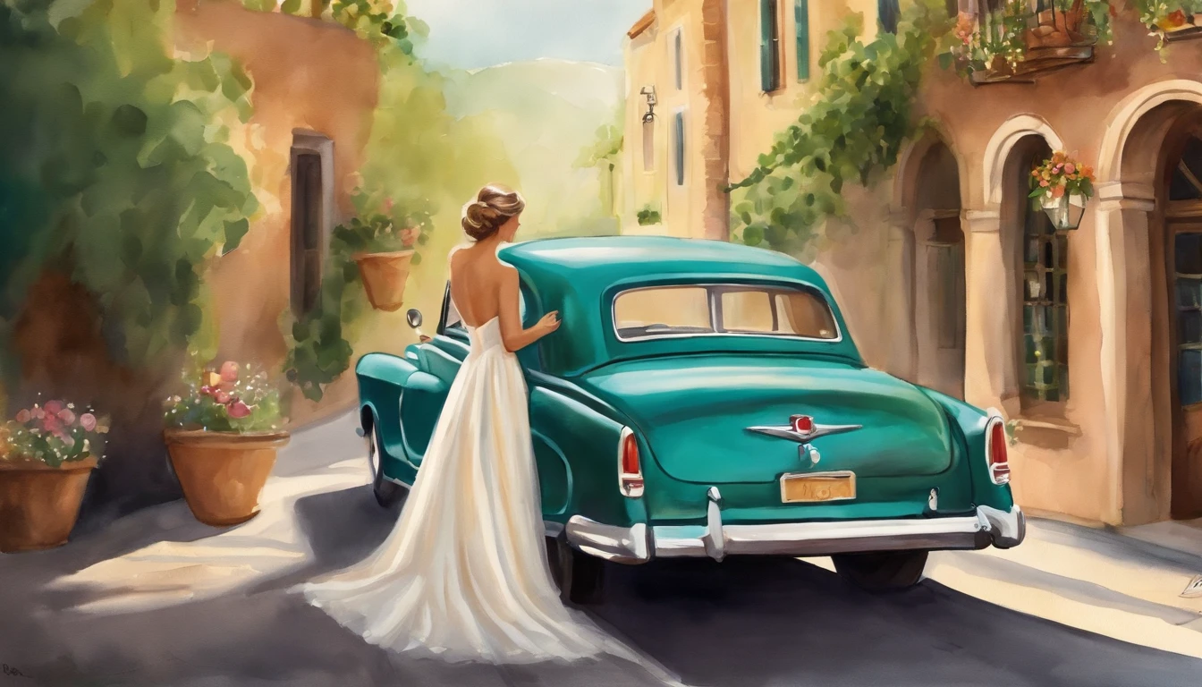 The back of a classic car is painted in watercolor, used for the bride and groom on their honeymoon, in a funny cartoon style, often used on wedding invitations