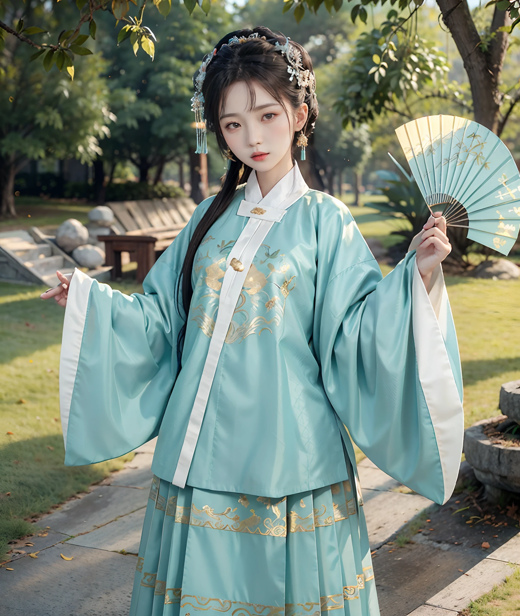 tmasterpiece，best qualtiy，ultra - detailed，（anatomy correct，Accurate and perfect Korean female face，exquisite facial features，Dexterous hands），1girl，20yr old，standing on your feet，Full body like，Hold a paper fan in your hand，Stand in the middle of a beautiful park，Stay away from the lens，(Hanfu，Gorgeous Chinese Ming Dynasty costumes，Ming style clothing，Short aqua green coat，Yellow with white pleated skirt，crewneck，Overlapping collars)，brunette color hair，looking at viewert，Detailed skin texture，Fine cloth texture，Nice and delicate face，white hanfu，with petals falling，Gorgeous headdress，fine eyebrows，Curved eyebrows，Big eyes，Redlip，1.4x realism，high detal，in a panoramic view，Faraway view