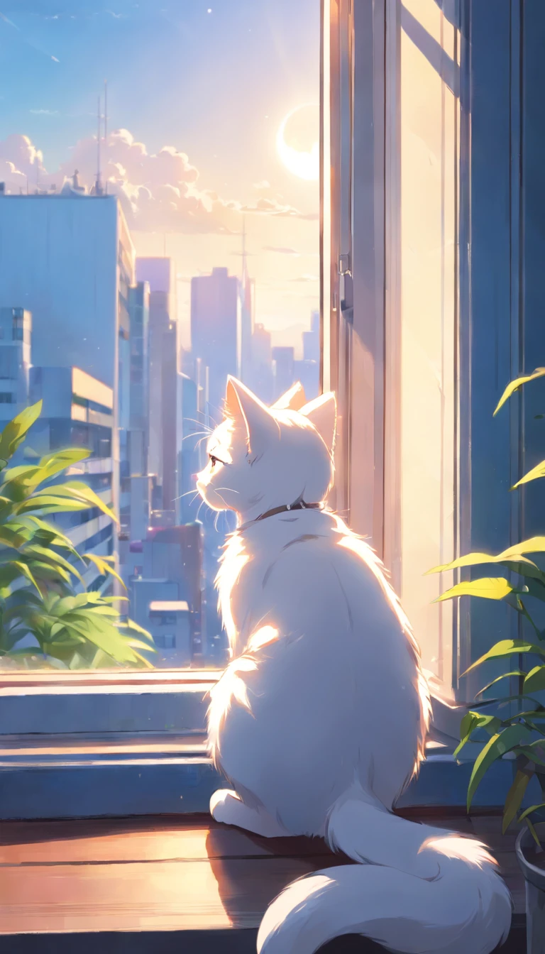 A white kitten looked out the window alone