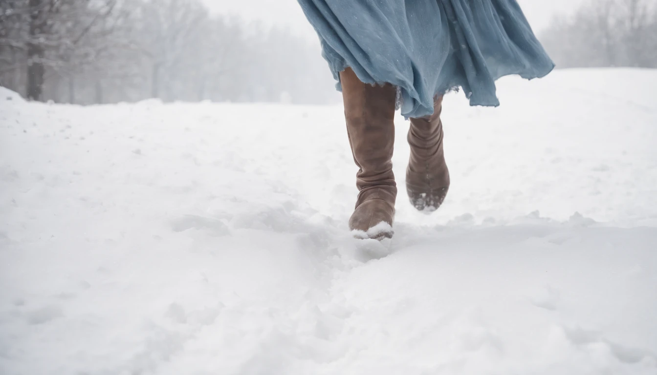medieval Hungary, bare feet peeking out from tattered grey blue skirts, running over snow