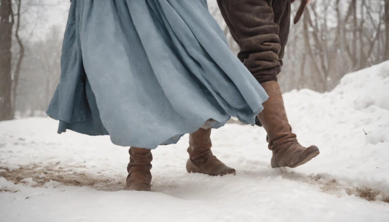 medieval Hungary, bare feet peeking out from tattered grey blue skirts, running over snow