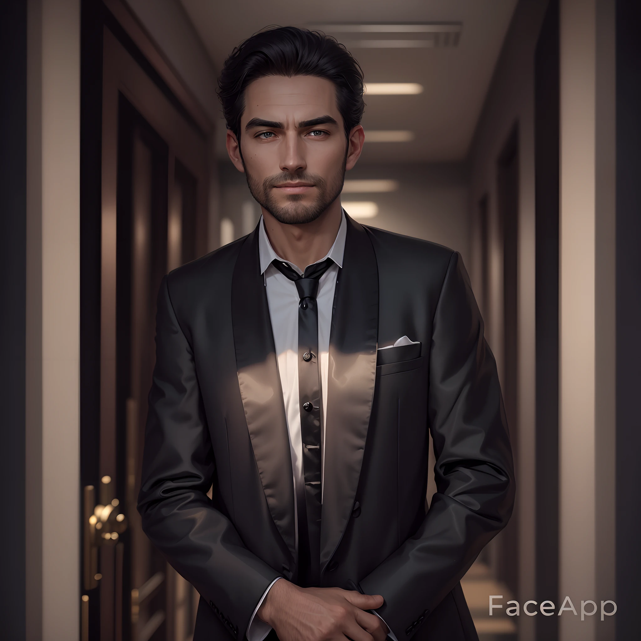 change background, handsome gentleman in black suit , realistic face , 8K , ultra realistic
