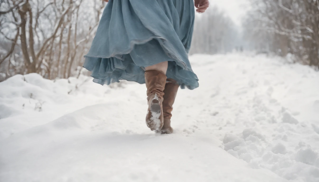 medieval Hungary, bare feet peeking out from tattered grey blue skirts, running over snow, cinematic scene from film