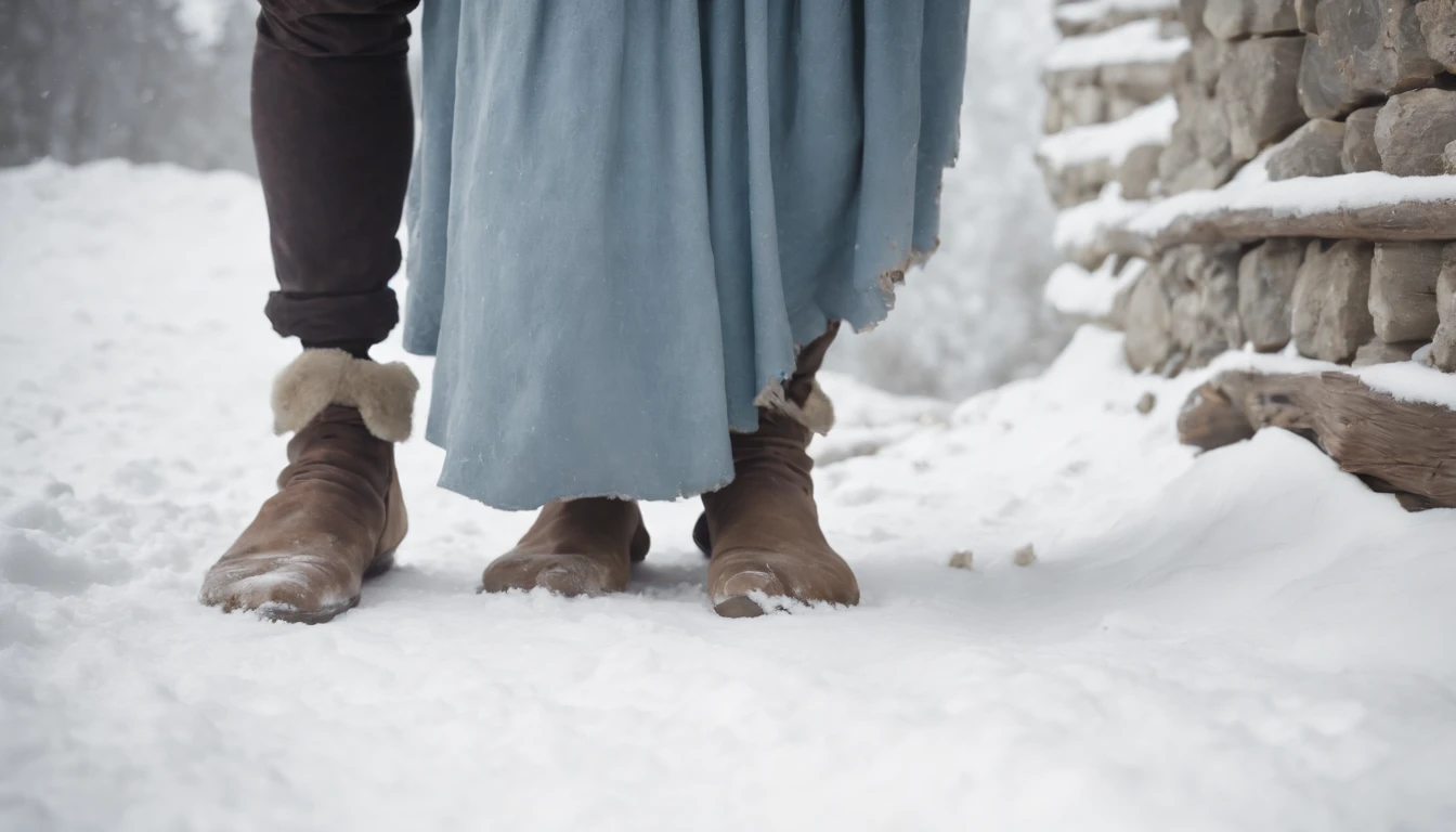 medieval Hungary, bare feet peeking out from tattered grey blue skirts, running over snow, cinematic scene from film